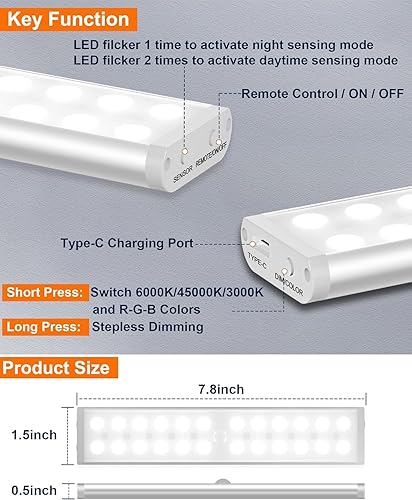 Miniatura 4 de Luces inalámbricas para debajo del gabinete, 58 LED recargables RGB con sensor de movimiento, luces nocturnas para interiores con control remoto,