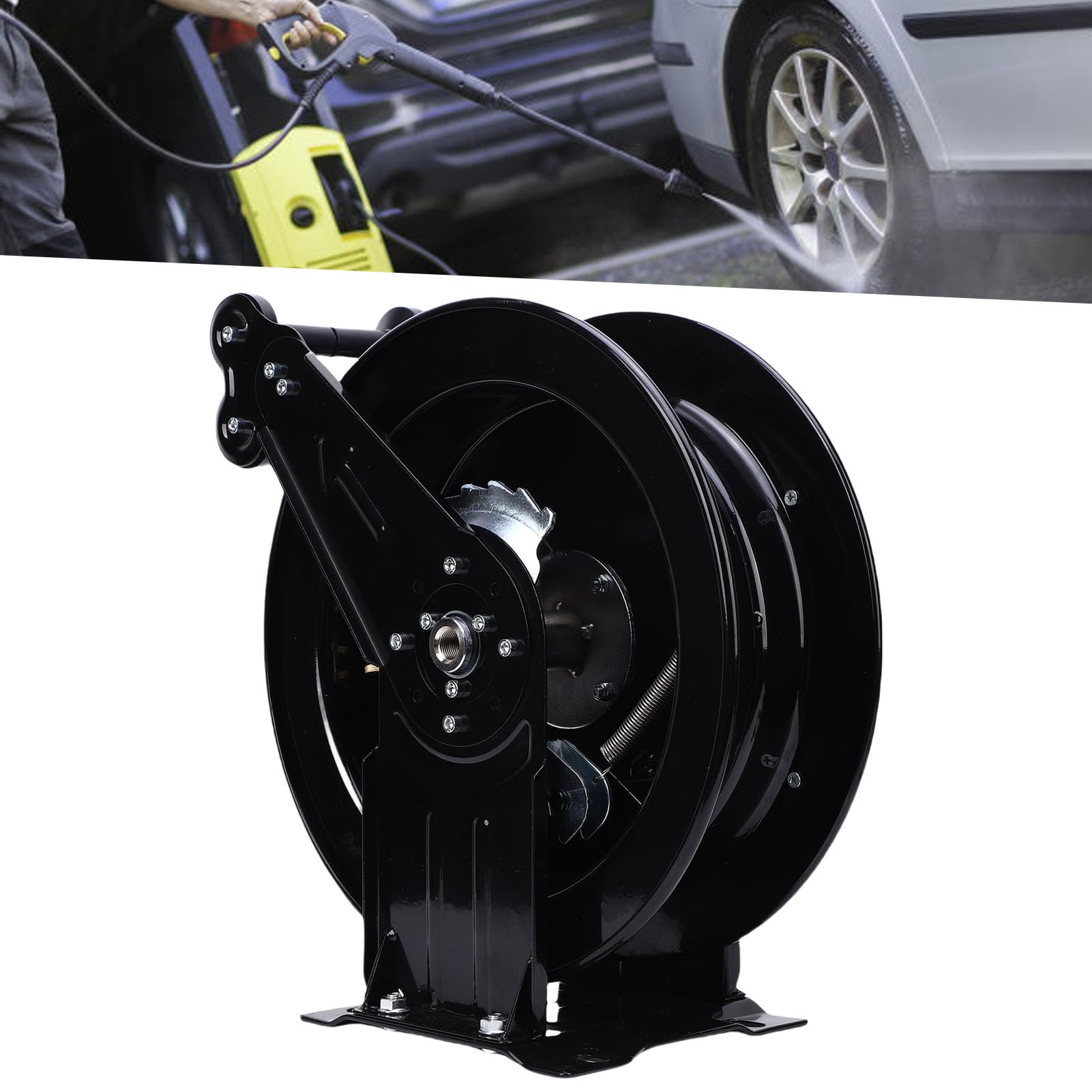 Rodillo de manguera de lavado de alta presión Rebobinado automático pesado 4000PSI para uso al aire libre Acero al carbono Regla de lavado de energía de 32,81 pies para limpiadores