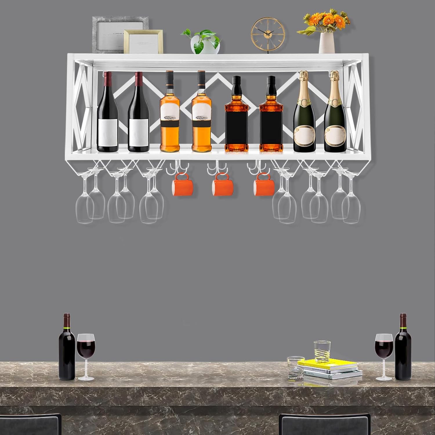 Wall Mounted Wine Rack Bottle & Glass Holder Multifunctional Iron Wine Bottle Glass Floating Shelves with Partitions Plants Photos Wine Goblet Display Storage Holder for Kitchen Dining Bar