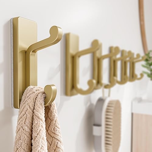 Miniatura 2 de Ganchos de pared autoadhesivos dorados para abrigos, gancho doble de acero inoxidable resistente para ropa, toallas, llaves, bolso, mochila, bolsa,