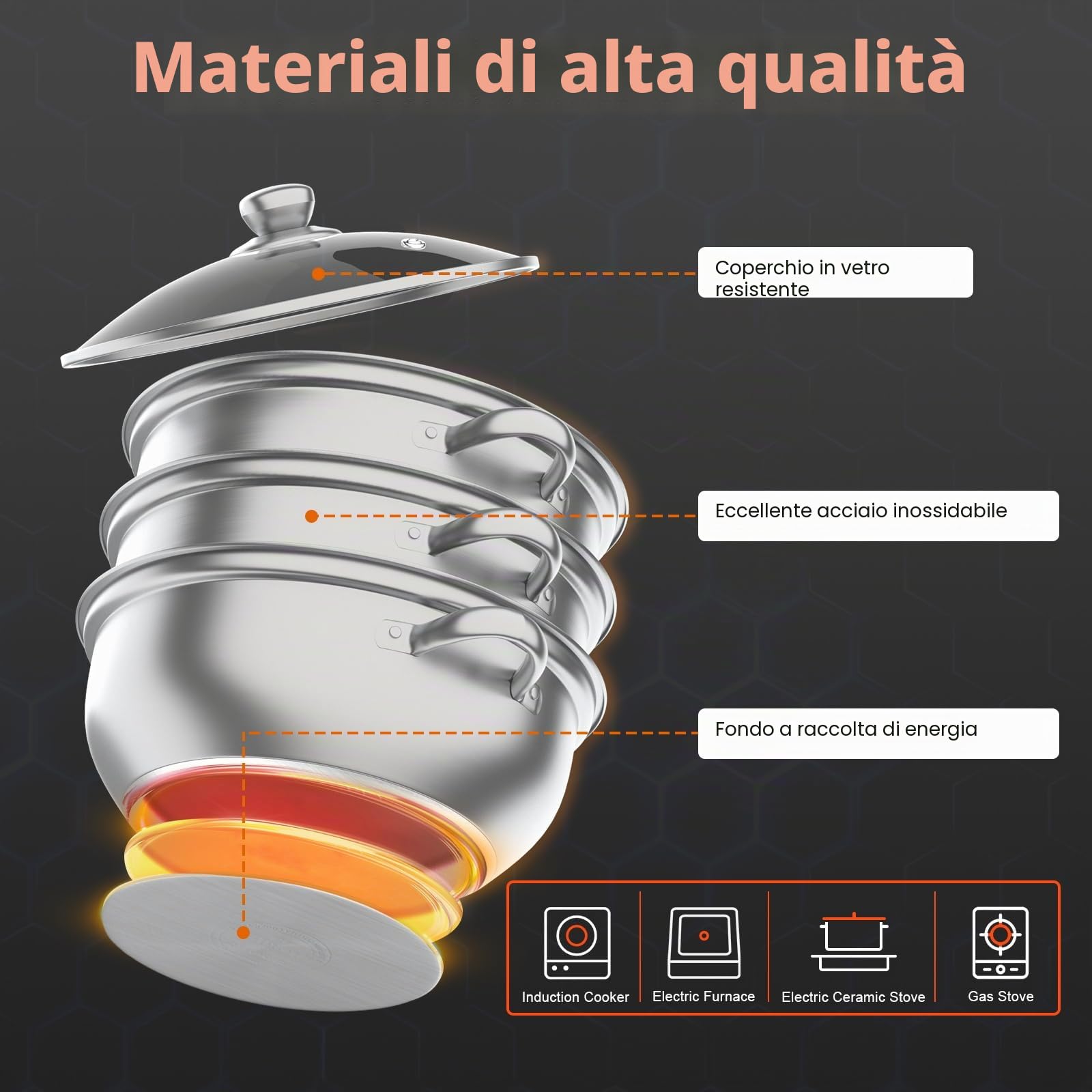 Pentola a vapore in acciaio inox, 28 cm, con coperchio in vetro, 3 ripiani, pentola per zuppe, per friggere verdure e verdure