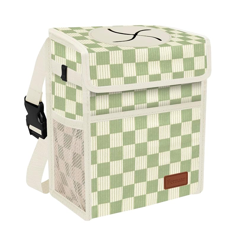 Lixeira para Carro Femuar Impermeável Dobrável com Tampa, Bolsos em Tela e Alça Ajustável, 8,5 L, Bege com Xadrez Verde-Claro