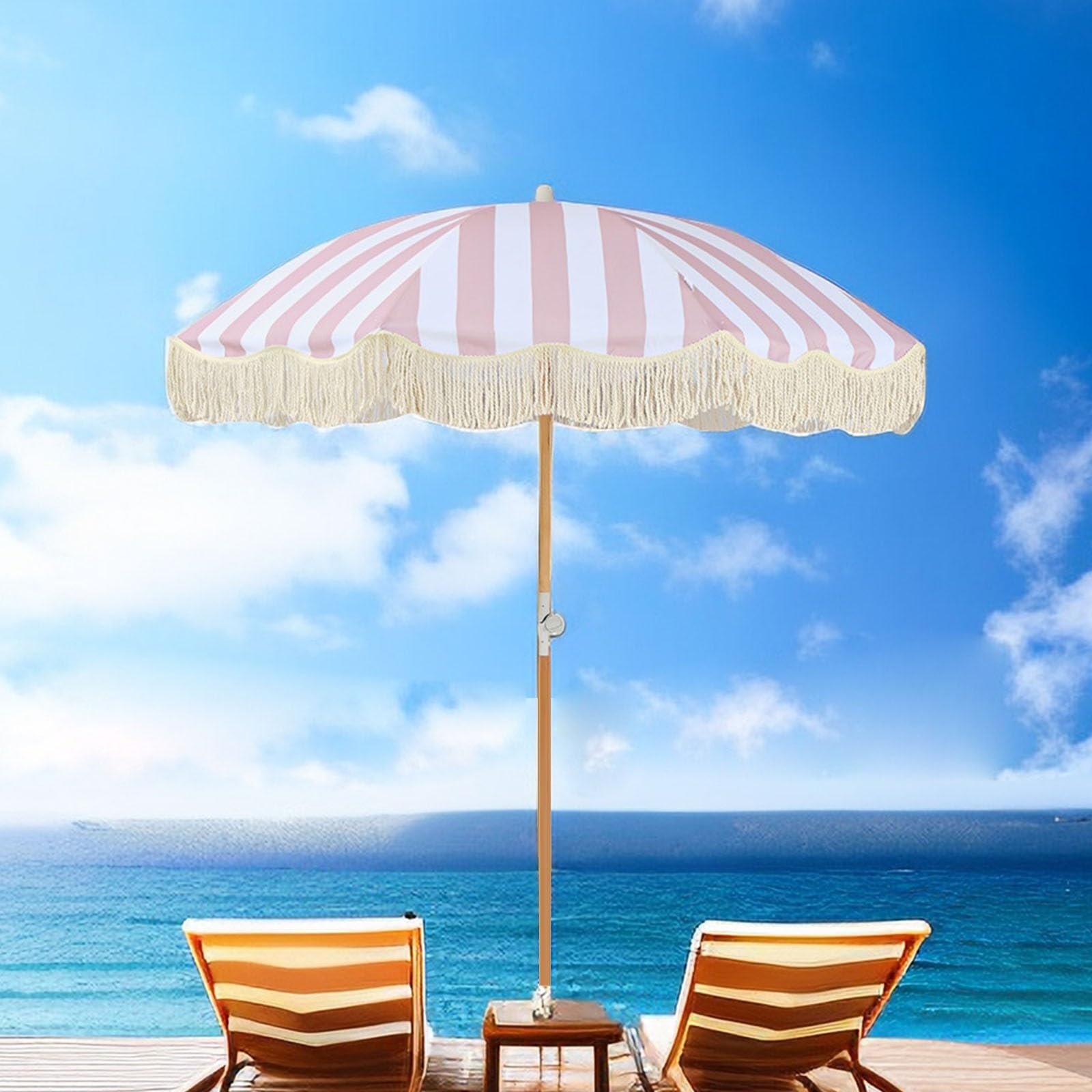 Parasol Plażowy Boho Z Frędzlami Parasole Ogrodowe Chroniące Przed Promieniowaniem UV Parasole Ogrodowe Z Pochyleniem 200 Cm Duży Parasol Ogrodowy Wodoodporny Parasol Balkonowy 8 Żeber (Color : Pink