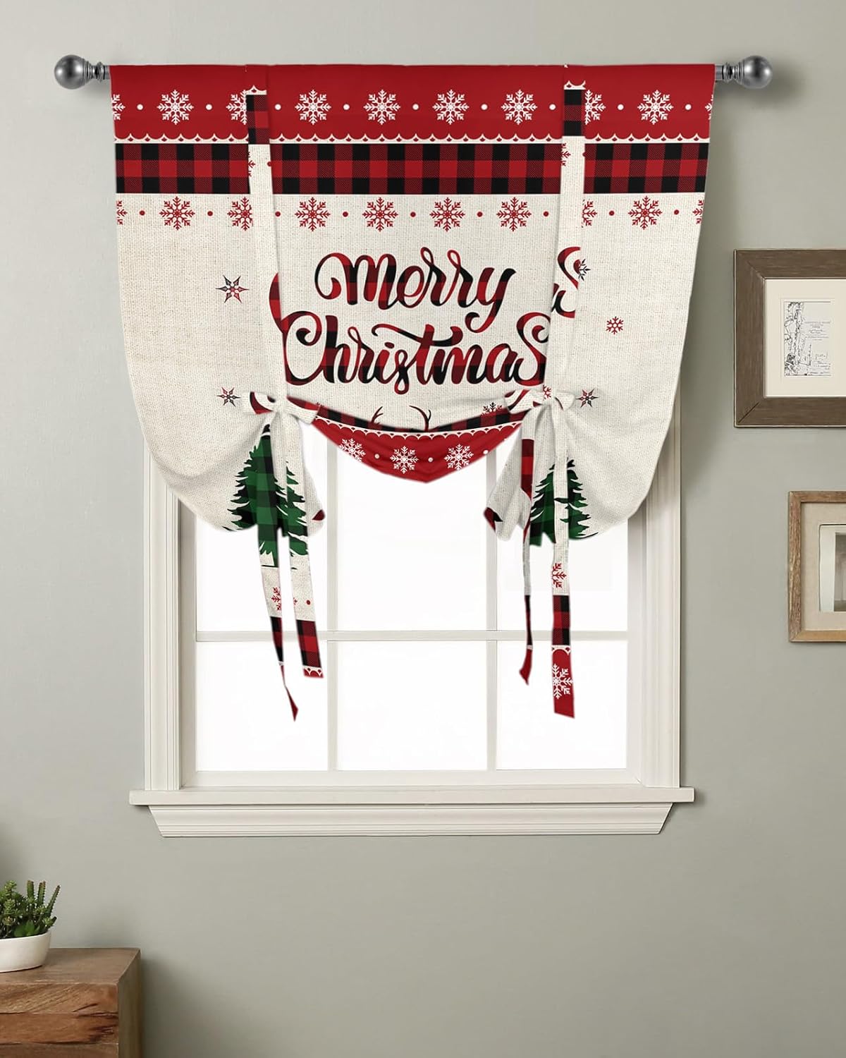 Ethnic Christmas Deer Tie Up Window Shade Curtain Xmas Animal Pine Tree Retro Linen Snowflake Kitchen Adjustable Balloon Curtains Shades Drape 46x63In for Living Room/Bedroom/Cafe Windows