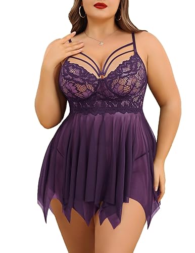 Avidlove Babydoll Lingerie for Women Strappy Nightdress Sexy Nightgowns Bridal Chemise Plus Size Lace Langeray L-4XL - Large - Purple