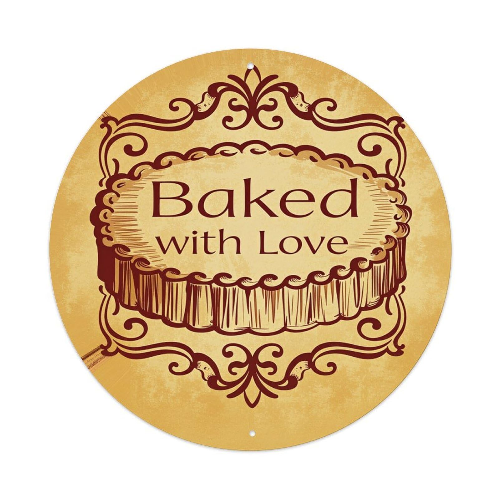 Baked With Love Cake Design Round Tin Sign Retro Metal Sign for Cafe Bar Pub Home Game Room Gym Club Wall Decoration Vintage Metal Poster 8x8 Inch