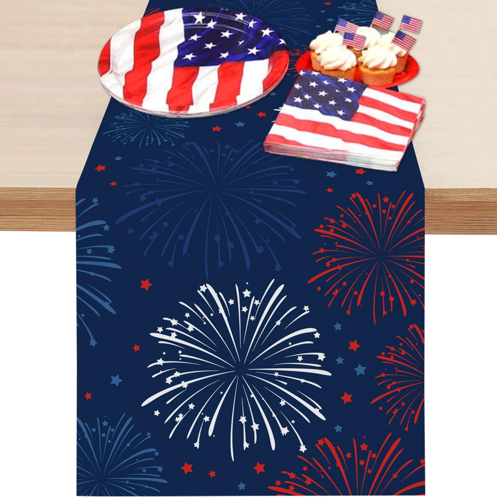 Patriotic Table Runner 4th of July Stars Firework Table Runners for Dining Room Blue
