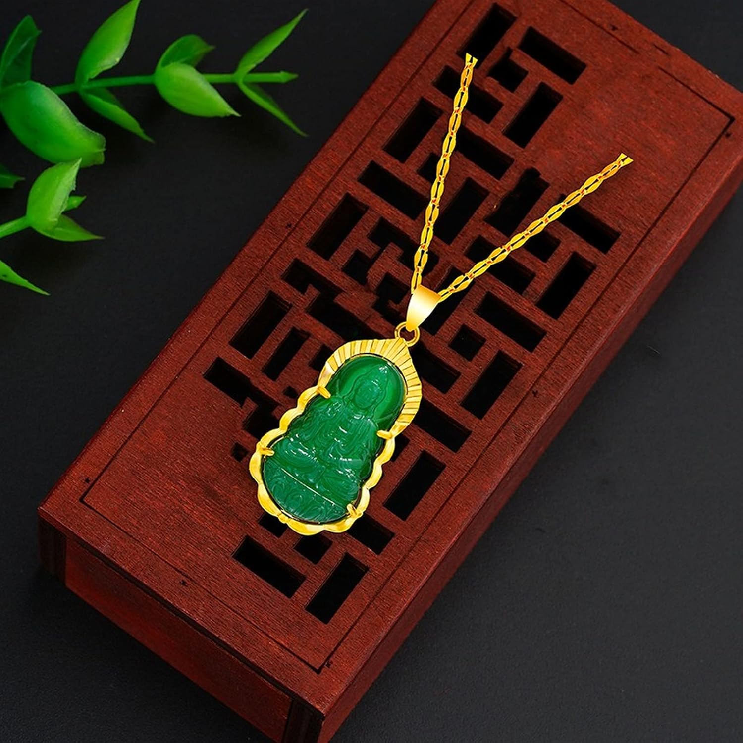 Buddha Quan Yin Pendant Guan Yin Beaded Chain Necklace Jade Stone Beads Kwan-yin Chinese Feng Shui Amulet for Wealth Safe (Golden) - Image 3