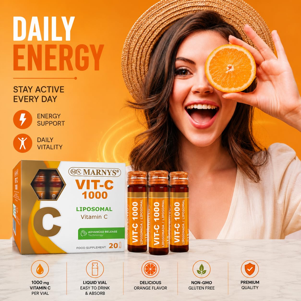 MARNYS Vitamin C Liposomal 1000mg 20 Drinkable Vials, High-Absorption Liposomal Vitamin C Food Supplement for Adults, Ready-to-Drink Immune & Antioxidant Formula
