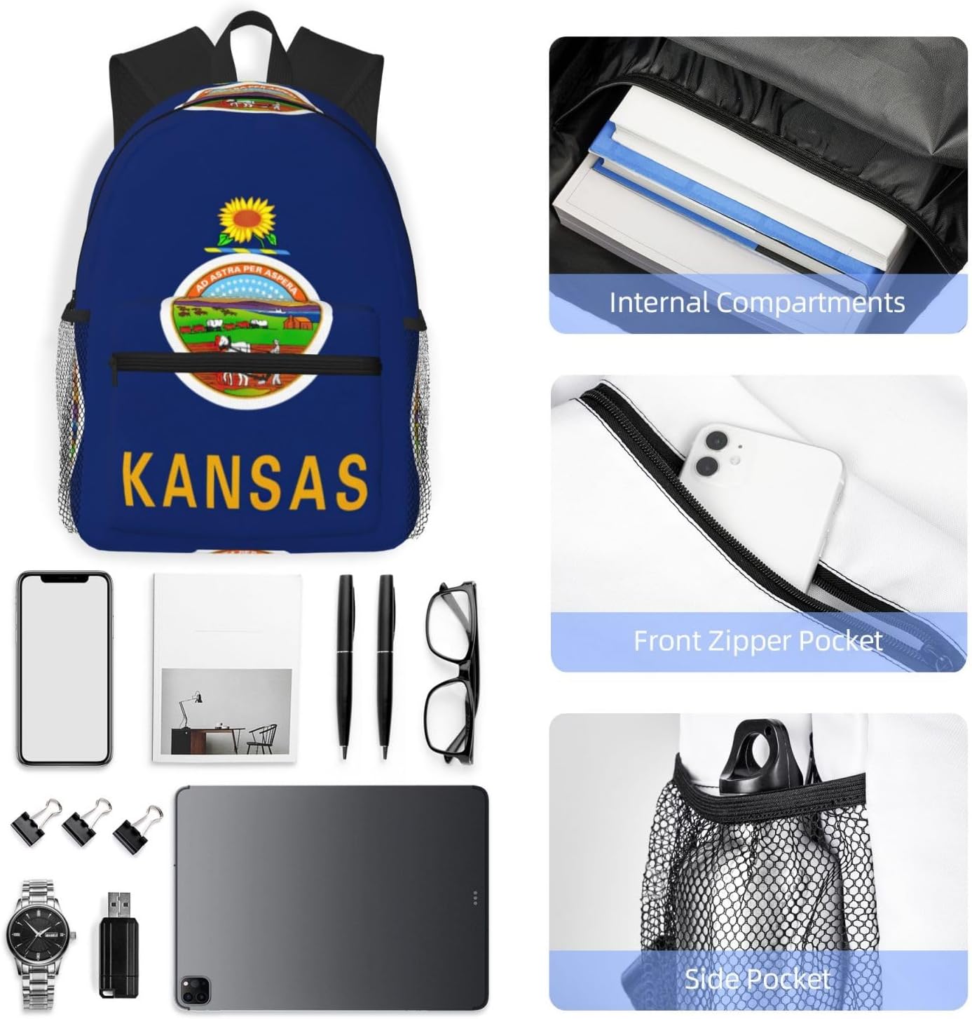 Kansas State Flag College Backpacks,Backpacks With Pockets, Lightweight Bookbag For College for Women Men