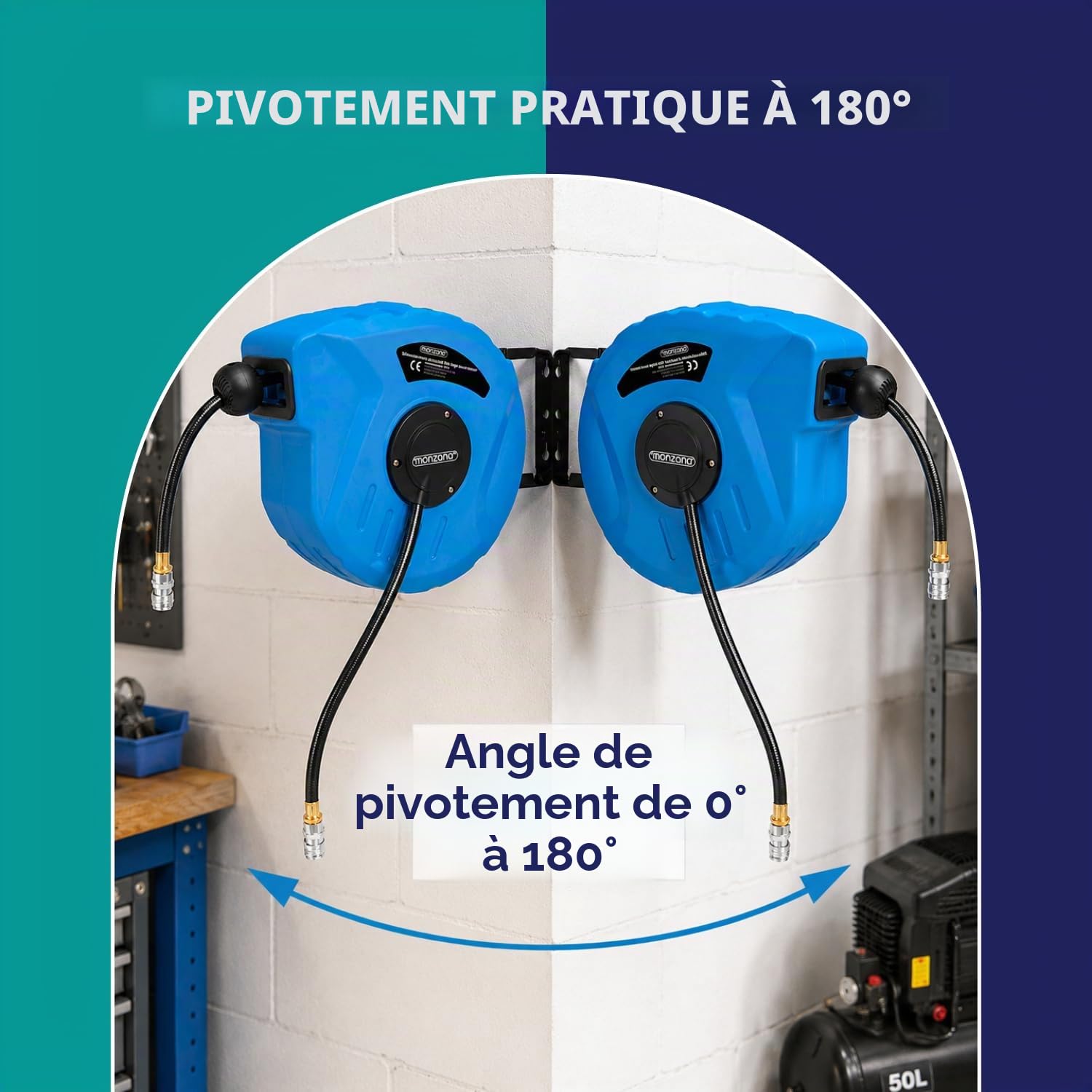 MONZANA® Enrouleur automatique de tuyau à air comprimé 10m+1m 12 bar raccord 1/4' Ø12mm dévidoir air comprimé tuyau pneumatique outil support mural 180°