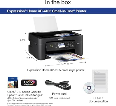 Epson Expression Home XP-4105 Wireless All-in-One Color Inkjet Printer, Black - Print Copy Scan - 10.0 ppm, 5760 x 1440 dpi, 2.4 LCD, Auto 2-Sided Printing, Voice Activated, DAODYANG Printer_Cable