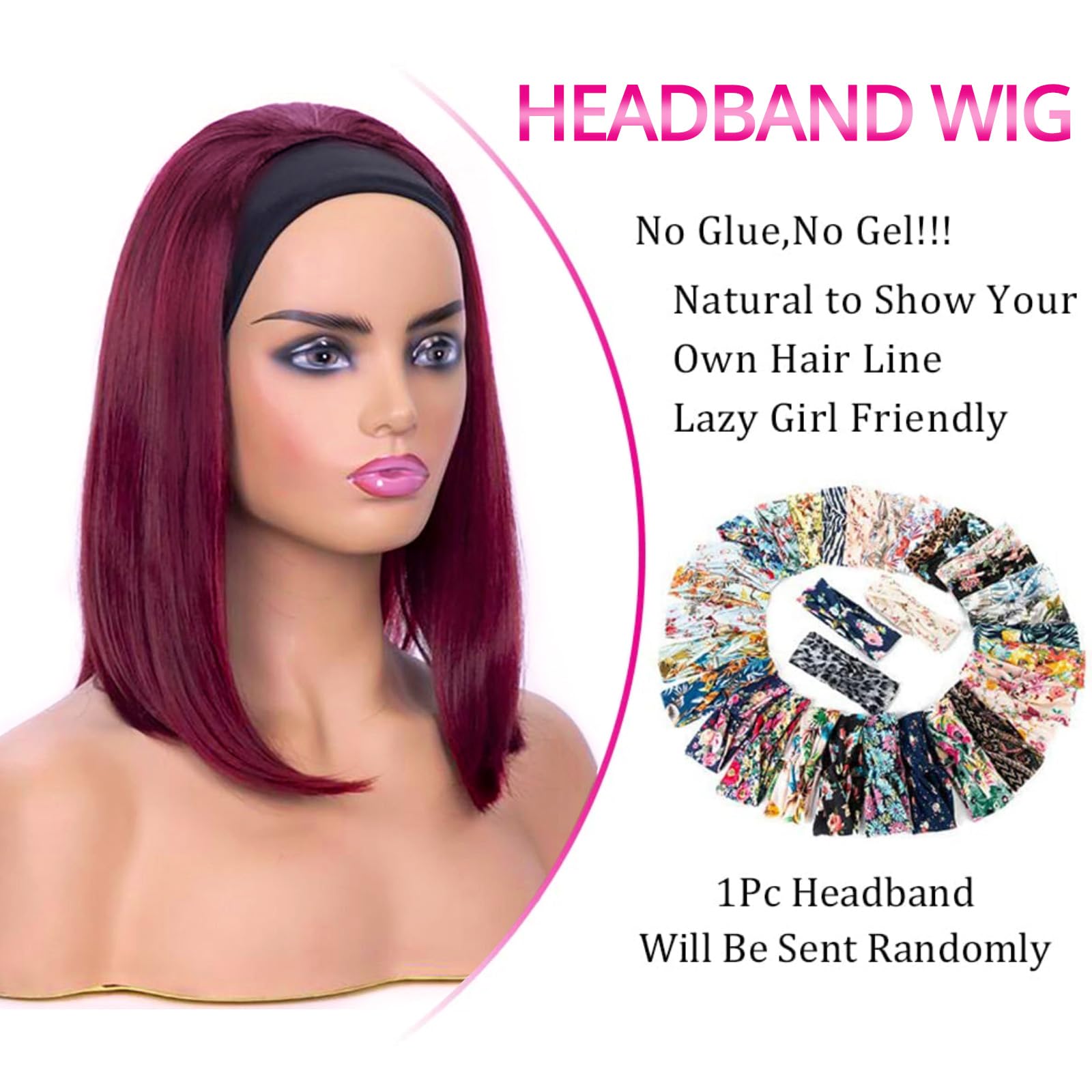 Bob Headband Wig Human Hair 99J Burgundy Glueless Wig Short Straight Bob for Amazon.com : OLFORY 99j Burgundy Bob Wig Human HaIr Wigs  main image 2