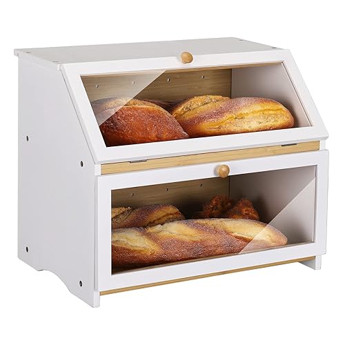 HOMEKOKO Double Layer Large Bread Box for Kitchen Counter, Wooden Large Capacity Bread Storage Bin (White)