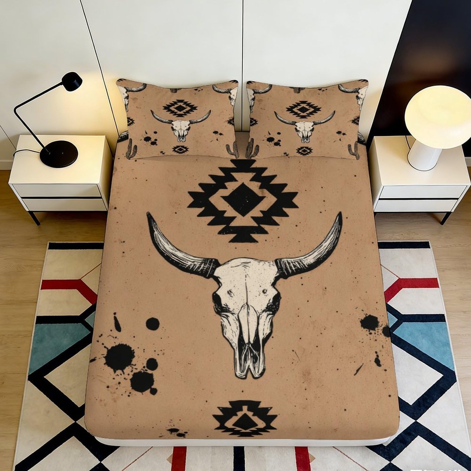 3D Printed Western Bull Skull Fitted Sheet Microfiber Soft Ethnic Geometric Bed Cover for Bedroom Dorm Decor 90x200x25cm