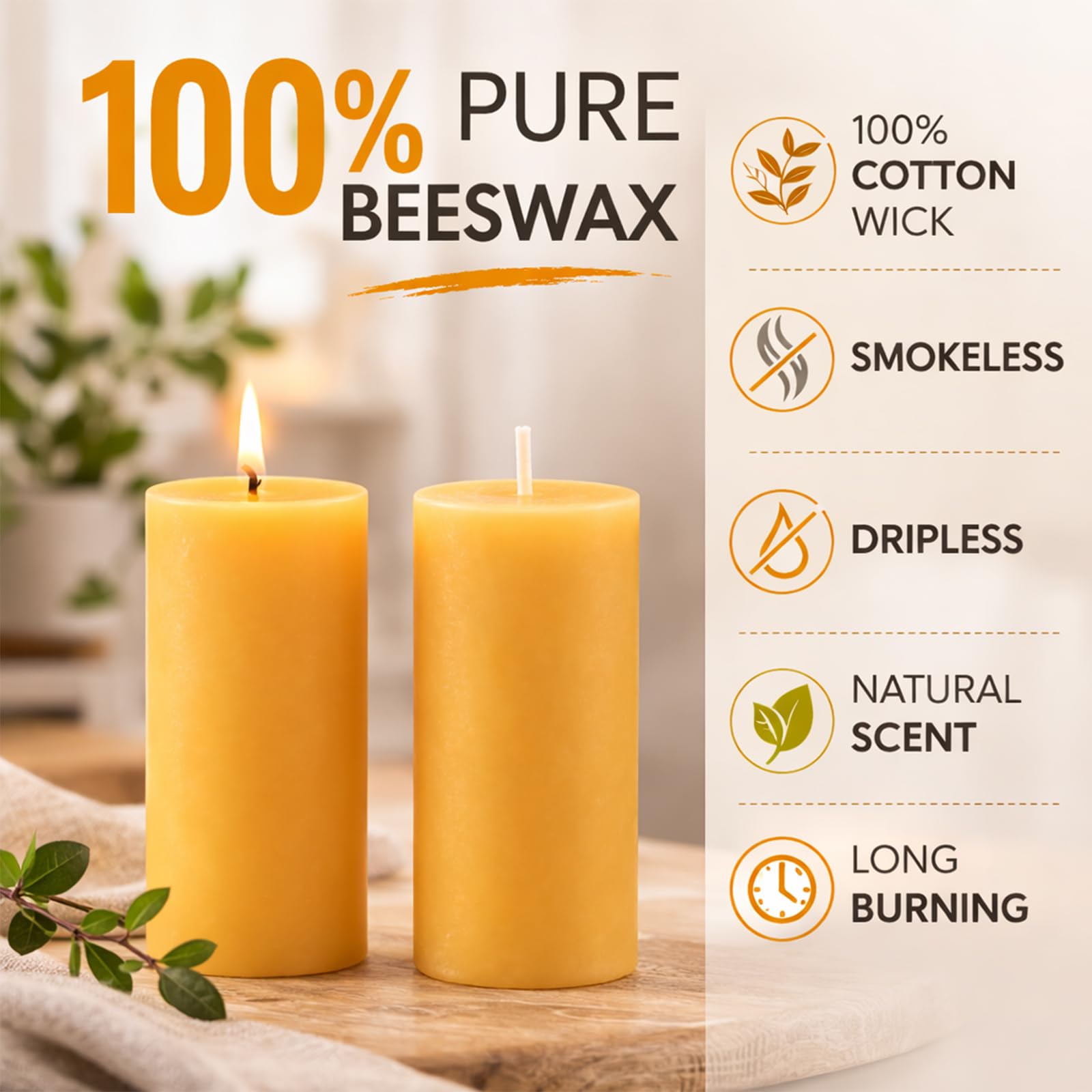 Confezione da 5 candele a colonna in cera d'api naturale, 100% pura cera d'api, 210 ore di combustione, candele in cera d'api biologica per casa, feste, senza goccia, senza fumo, candele in cera d'api