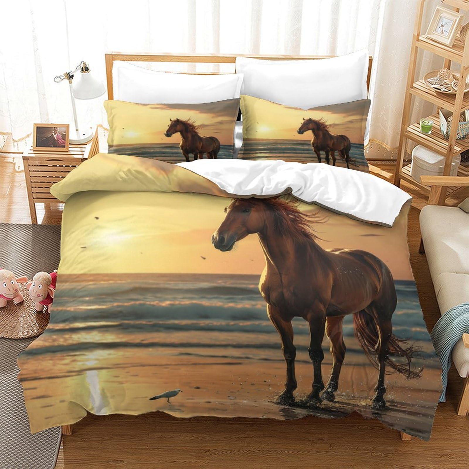 P1S9U7W5Y Sunset Horse 3D Printed 3pcs Duvet Cover Set Microfiber Animal Bedding Set for Bedroom Super king（260x220cm）