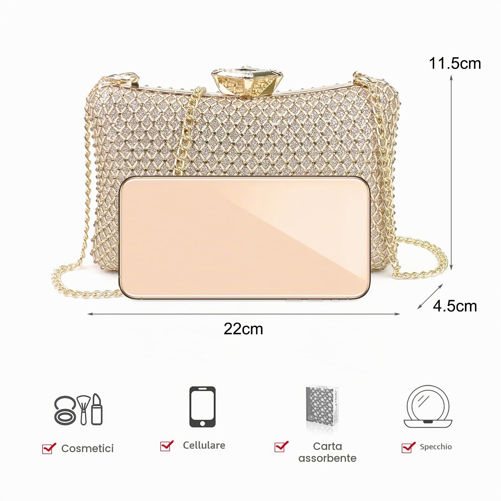 NICOLE & DORIS Pochette Donna Elegante da Cerimonia Borsa Moda da Matrimonio con Tracolla Catena per Feste Bling Oro