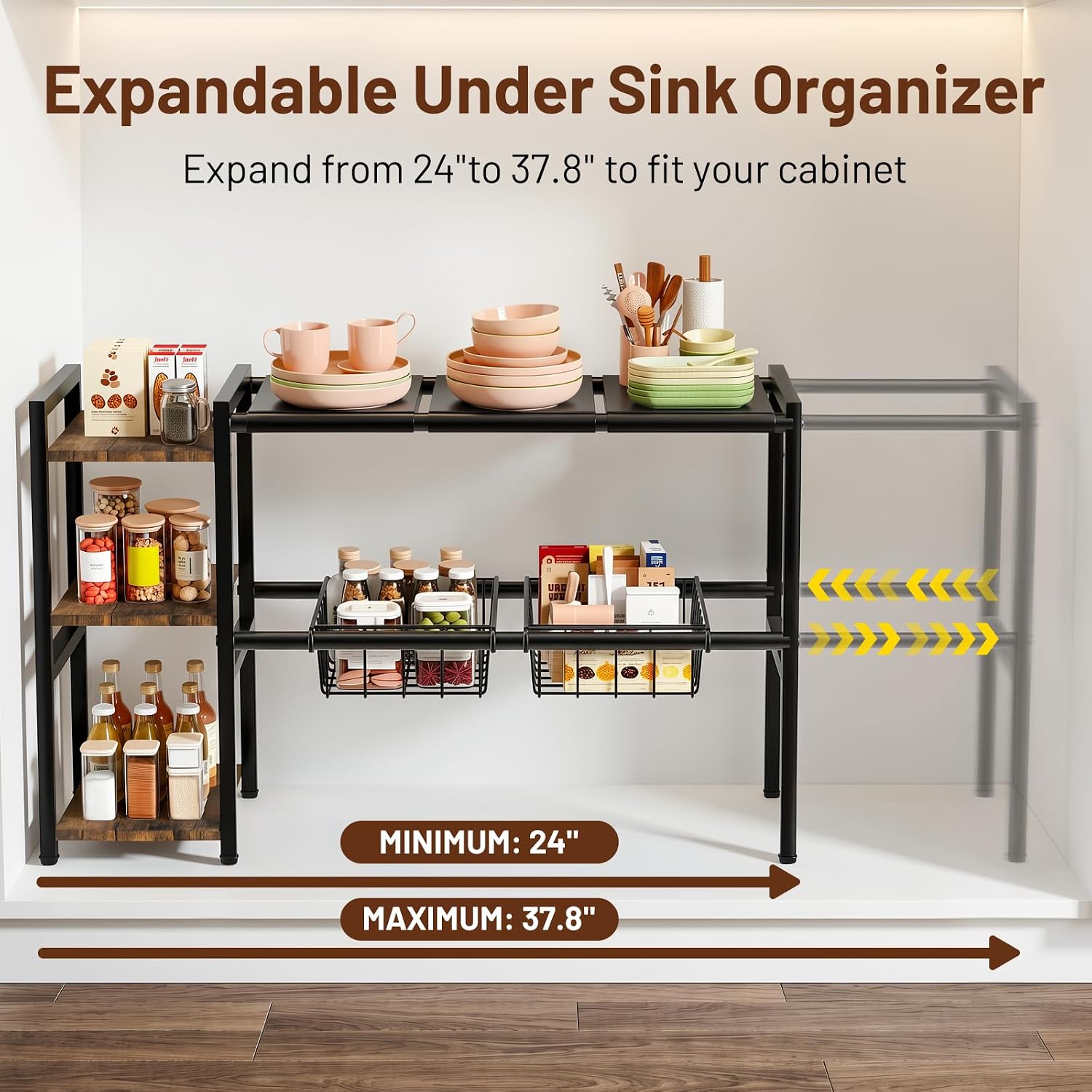 Housolution Expandable Under Sink Cabinet Organizer Rack and Storage Shelf | 24"-37.8" Expandable Length, 3-Tier Side Wooden Shelves, Height Adjustable for Kitchen Bathroom