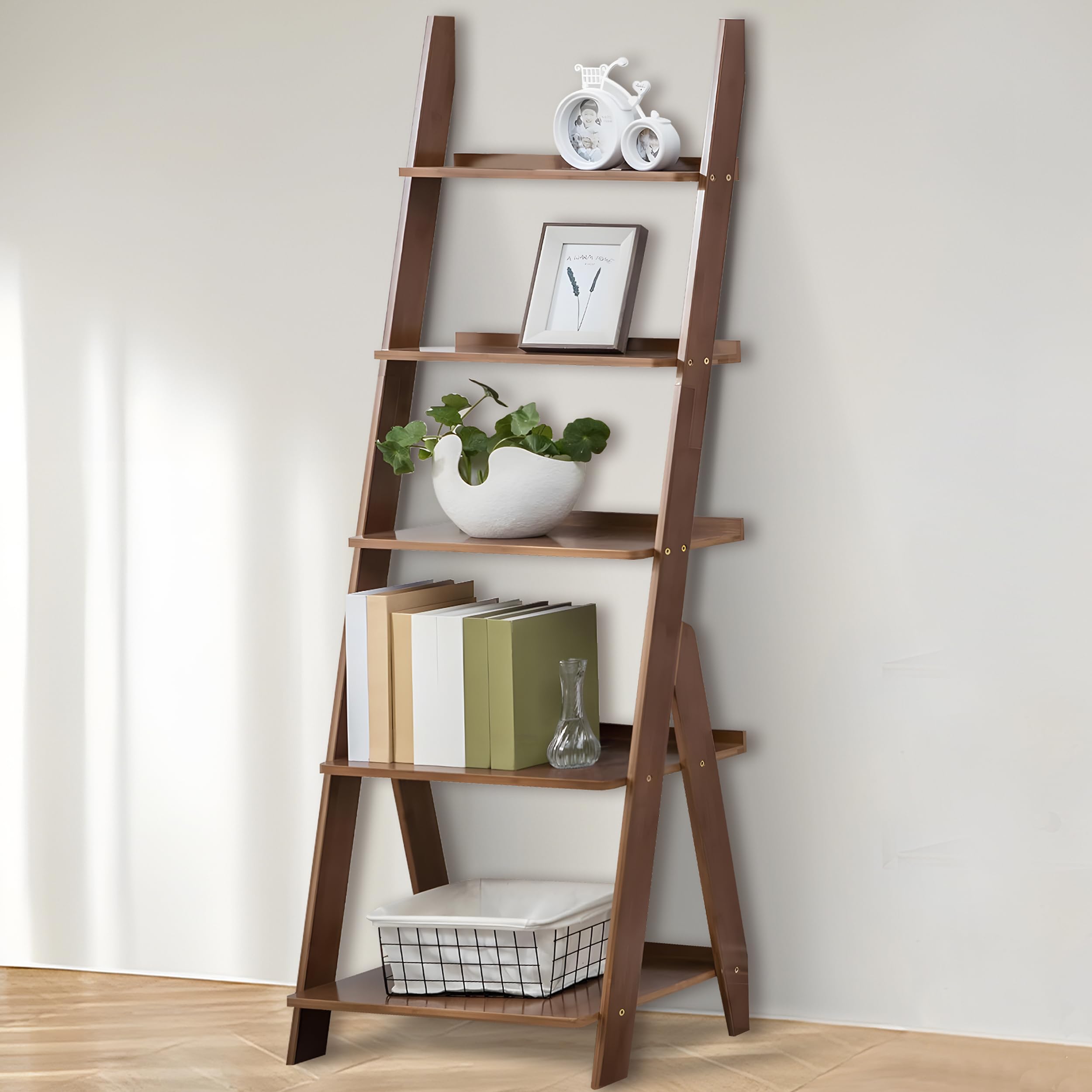 DOUSY-5-Tier Ladder Shelf Bookcase, Bamboo Ladder Bookshelf Leaning Book Shelf, Freestanding Storage Shelf Boho for Living Room, Home Office, Bedroom,