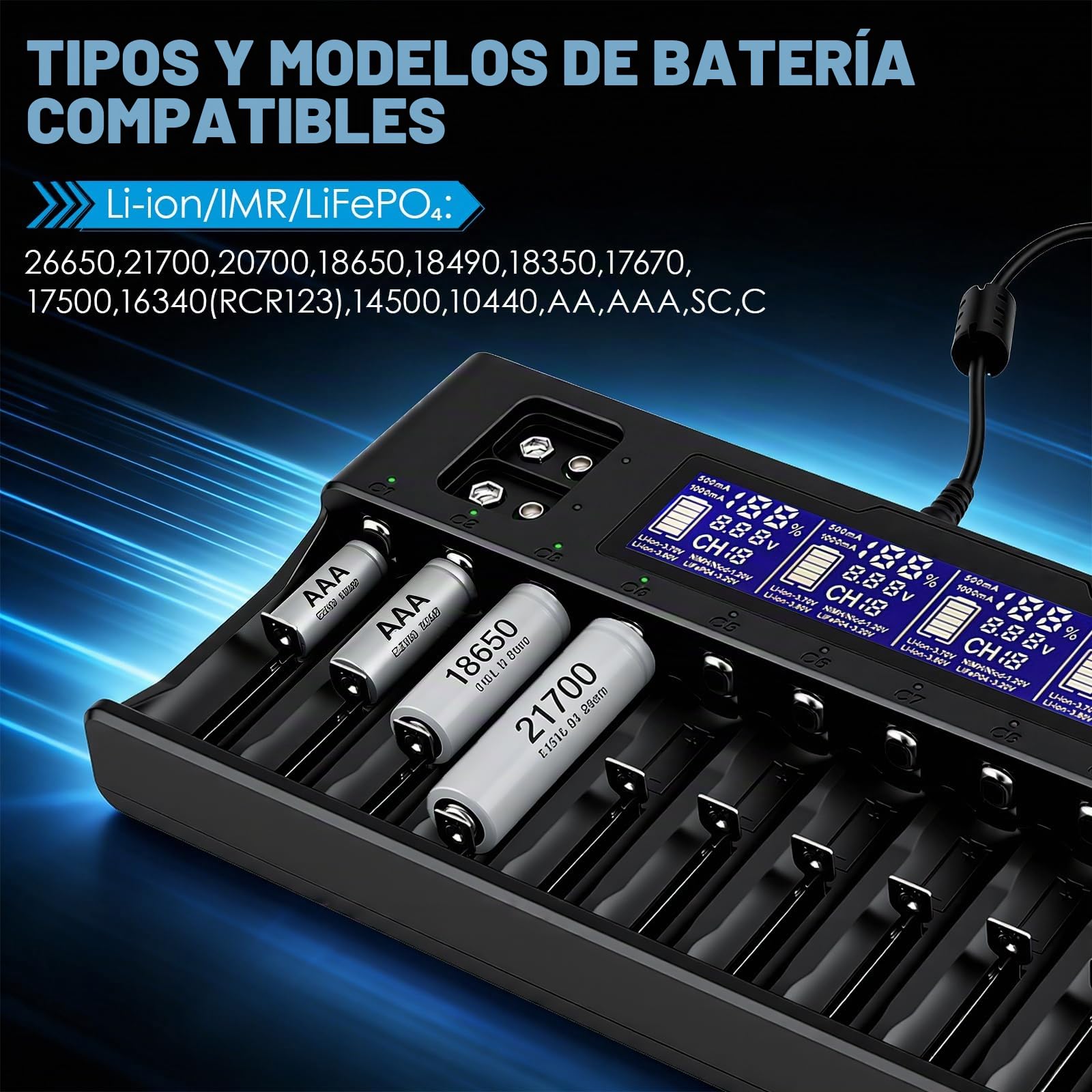 Cargador 18650,Cargador De Pilas Recargables para 18650,20700,26650,17500,16340,14500,AA,AAA,9V,Ni-Mh,12+2 Ranuras,con Pantalla LCD,Múltiples Funciones De Protección