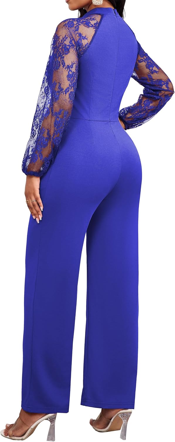 Xinlees Elegant Jumpsuits for Women Crew Neck Mesh Ruffle Long Sleeve Business Rompers Straight Club Jumpsuit