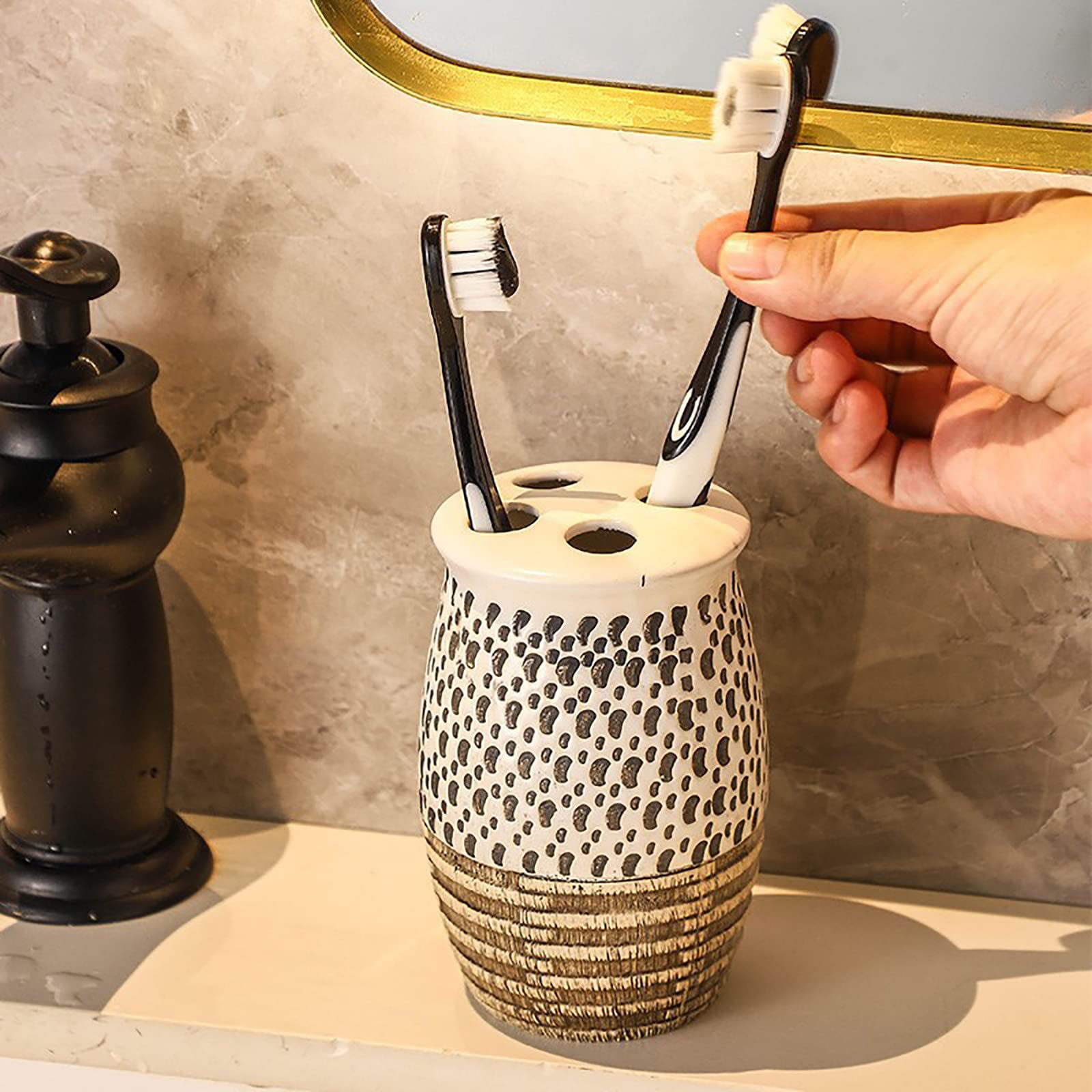 Juegos de Accesorios de baño, Antiguo Acesorios Cuartos de Baño 5 Piezas con Dispensador Jabon Baño, Jabonera Baño, Porta Cepillo de Dientes, Bandeja, para Champú Cerámica Marrón