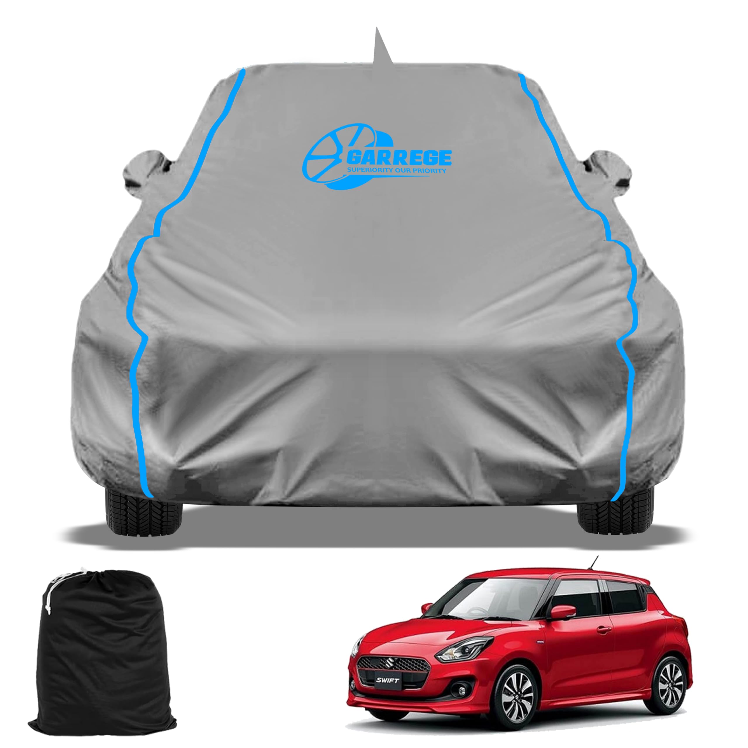 GARREGE Waterproof Car Cover Compatible with Maruti Swift Cover, All-Weather Protection, Soft Cotton Inner Lining, Mirror & Antenna Pockets, Adjustable Belt with Buckle & Elastic, (Grey)