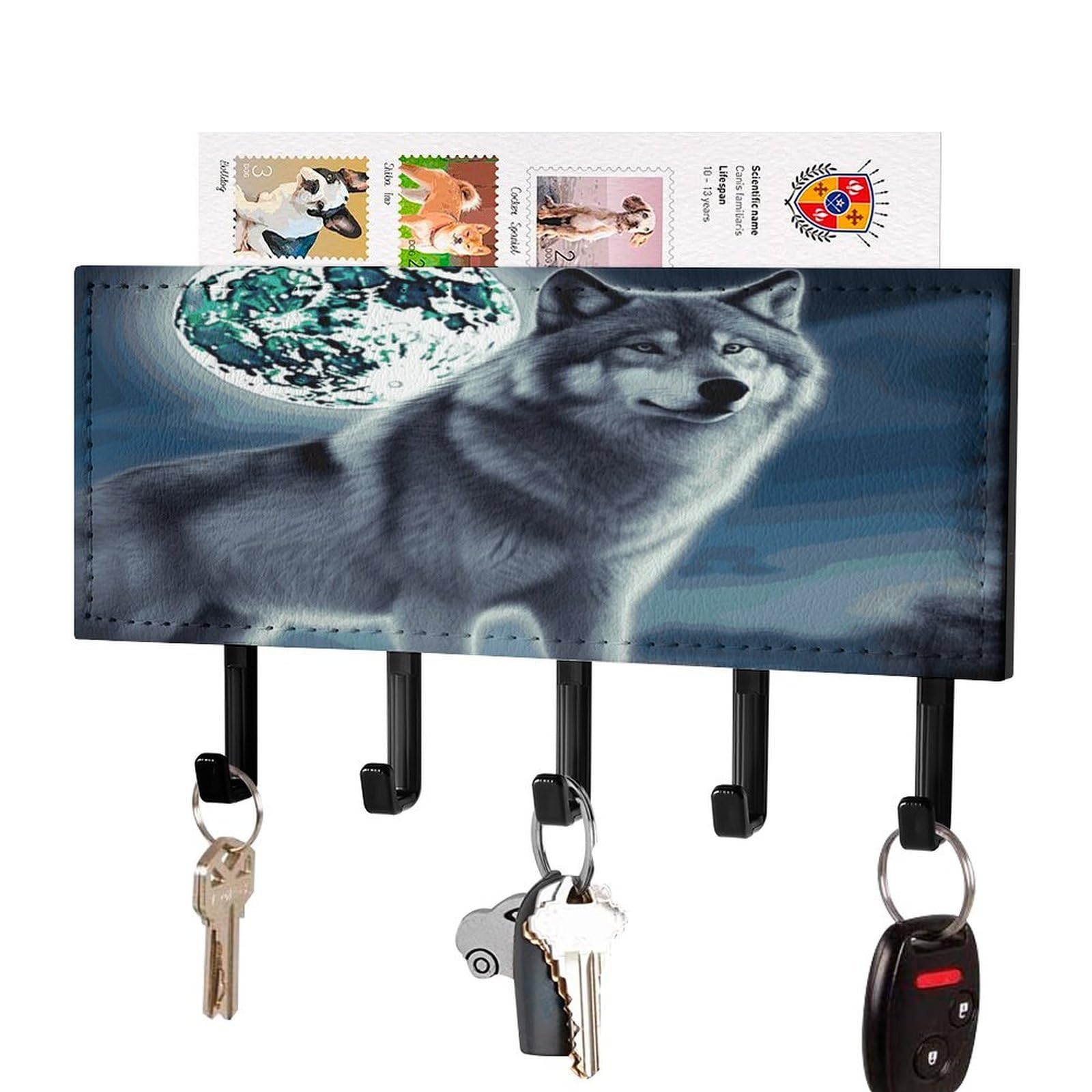 LDGSUPH Wolf Under Moon Key Holder Wall Mount Key Hanger with 5 Hooks Fashion Key Organizer Rack Hanging Key Hooks with Mail Organizer Key Rack for Home Entryway Hallway Black-Style