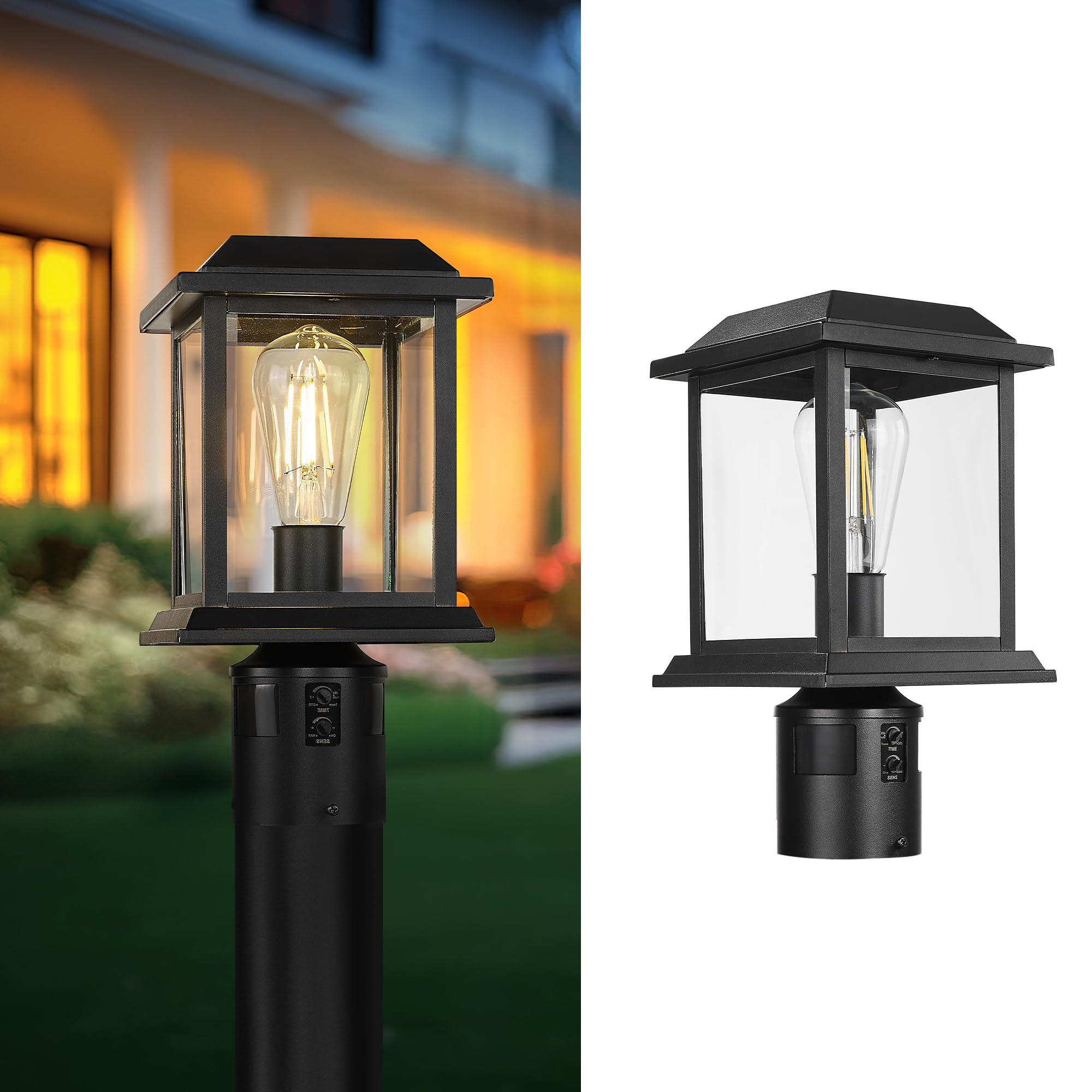 zeyu 12.2-Inch Outdoor Lamp Post Light Fixture, 360° Detection, 4 Modes, Exterior Sensor Post Light, Die-Cast Aluminum with Clear Glass Shade, Black