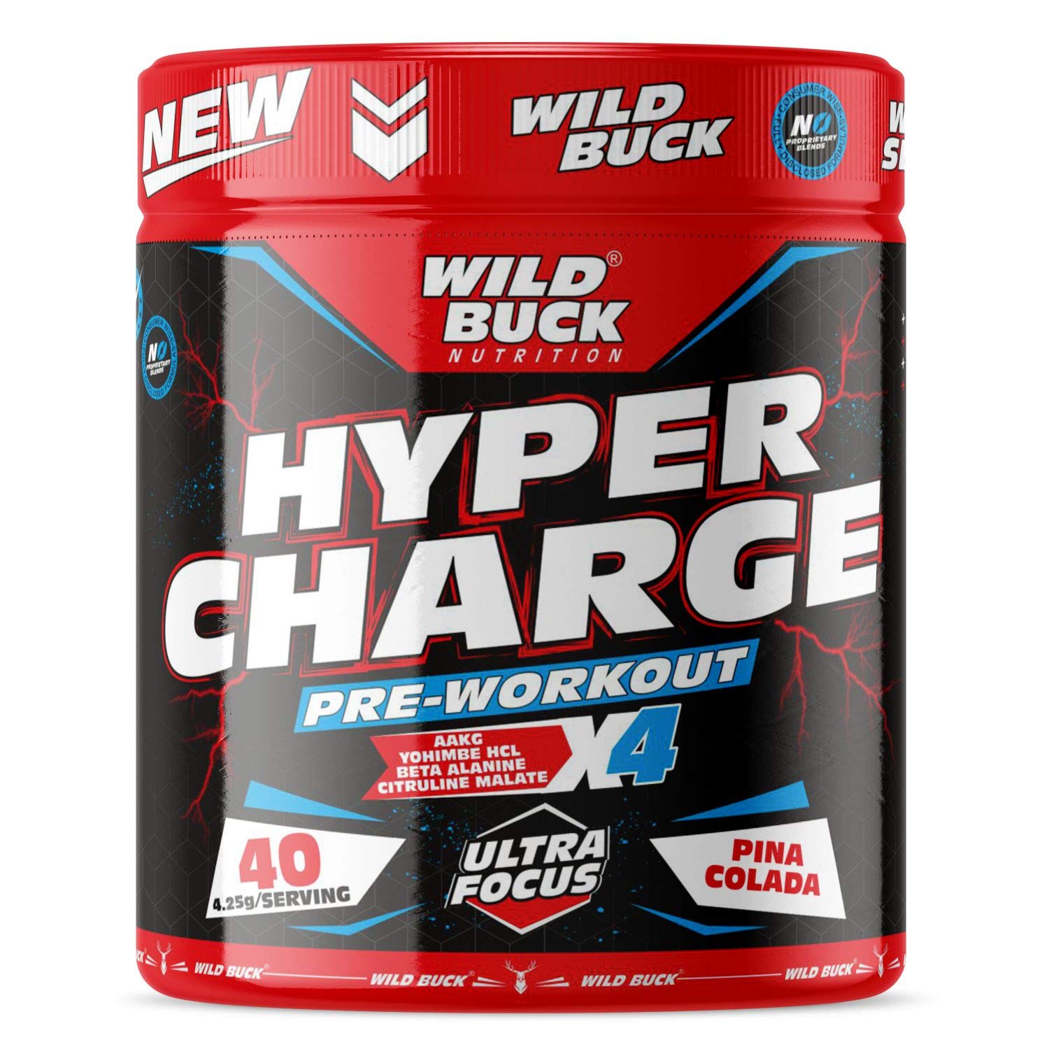 WILD BUCK Hyper Charge Pre-X4 Hardcore Pre-Workout Supplement Powder With Creatine Monohydrate,Arginine Aakg,Explosive Muscle Pump,Caffeinated Punch - [40 Serv,Pina Colada],1 Count,40 Servings
