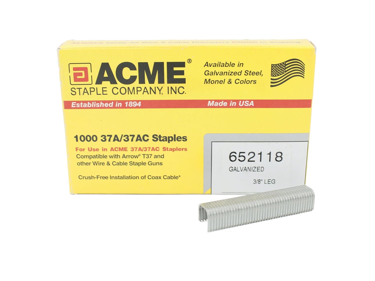 Acme 37A Galvanized Steel Staples, 3/8" Crown, 3/8" Leg, 5000-Pack, for Cable Installation