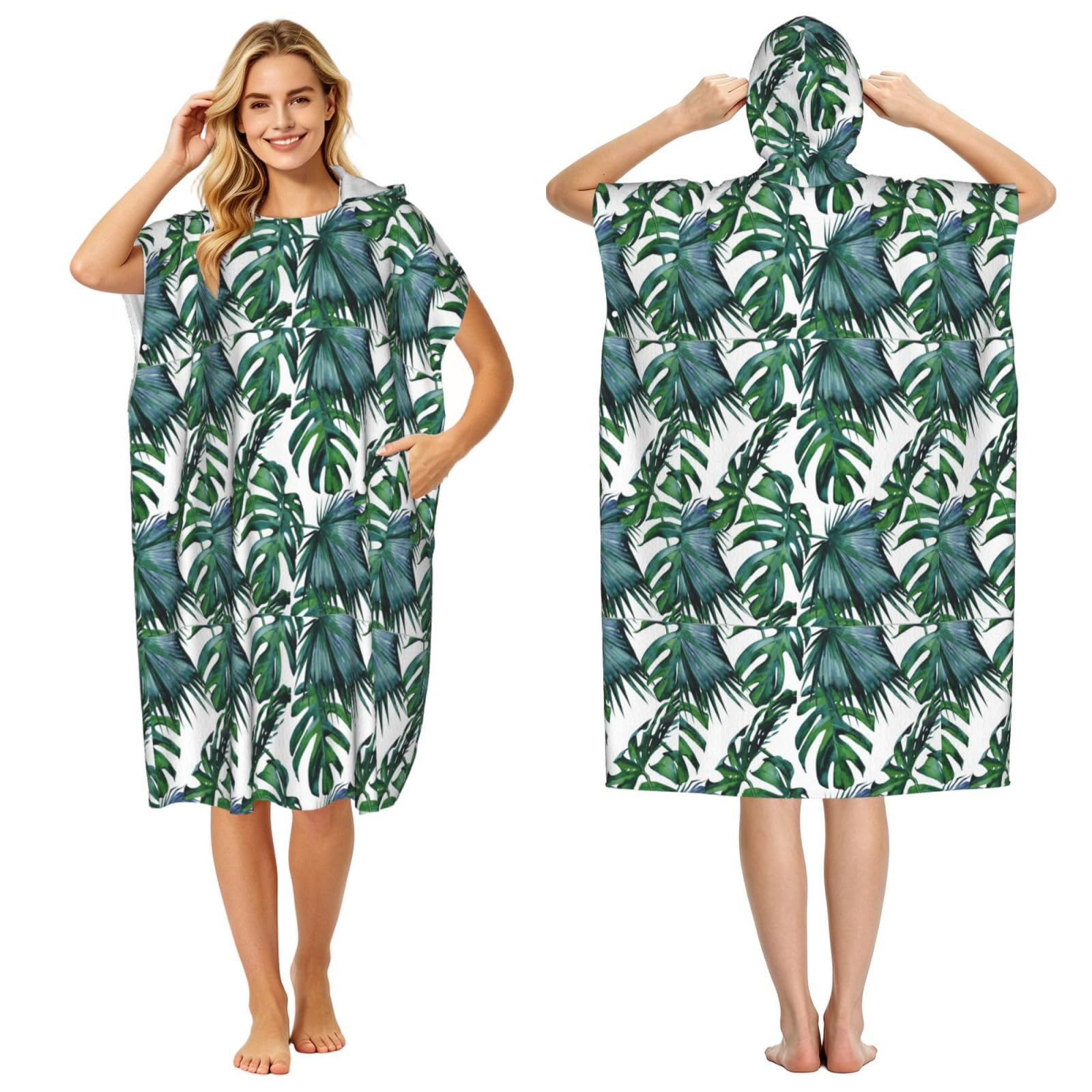 Poadnly Tropical Hibiscus Palm Leaves Coral, Adult Hooded Beach Towel 90 x 110 cm,Changing Bath Robe, Surf Poncho Towel For Women Men