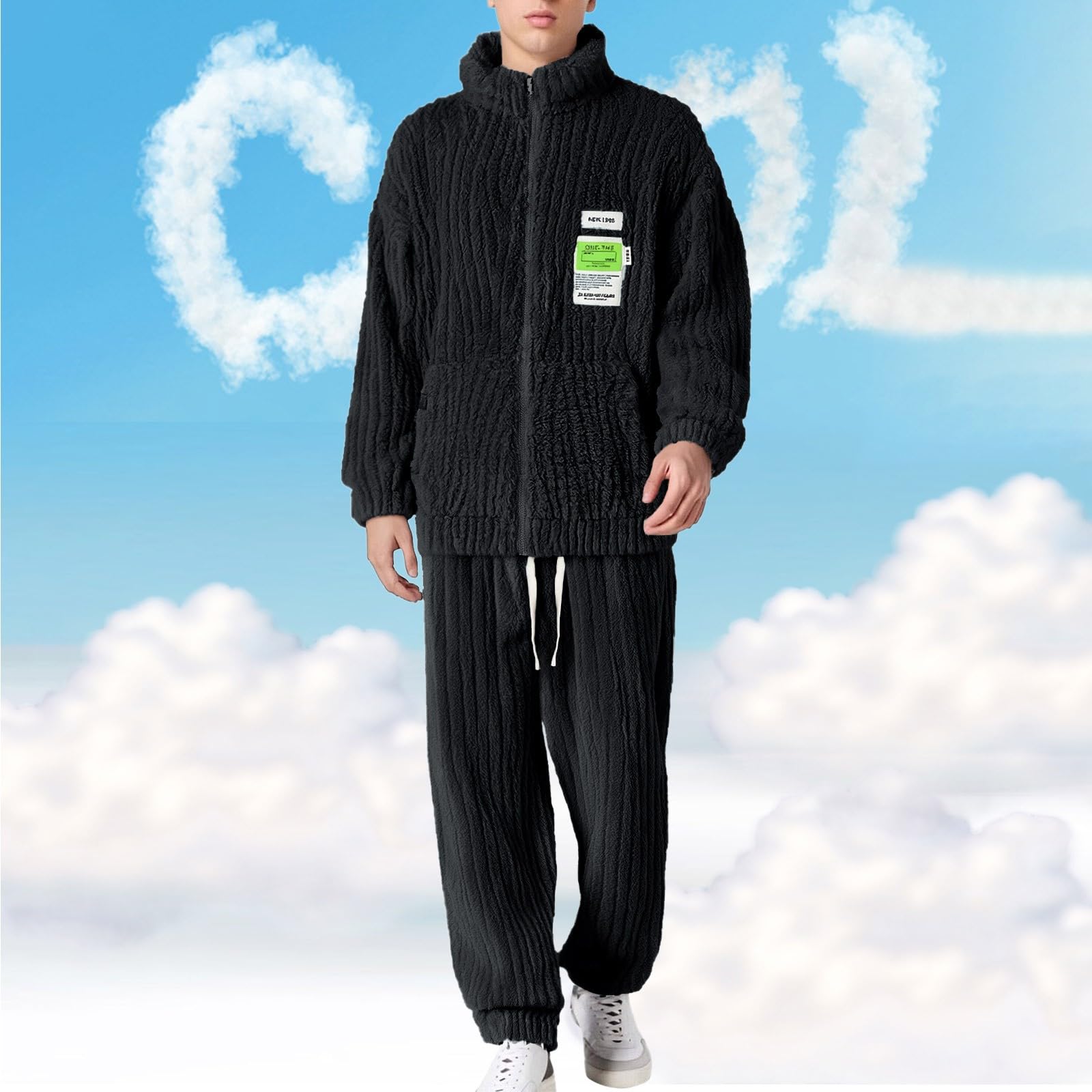 Generisch Pijama largo para hombre, forro polar coral, ropa de salón, franela para invierno, ropa de dormir gruesa, 2 piezas, cuello alto, parte superior con cremallera y pantalón de pijama elástico