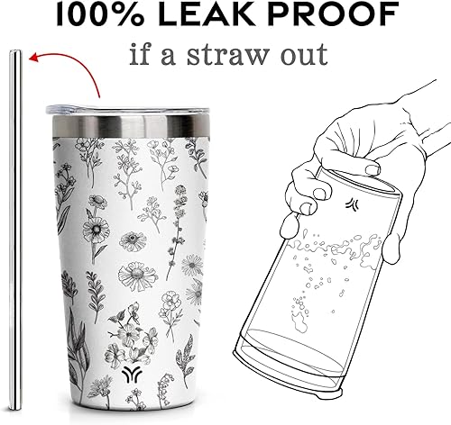 Miniatura 3 de Wesncdch Vaso de café de viaje de acero inoxidable de 10 onzas  Vaso de café aislado al vacío a prueba de derrames con tapa de popote  Flores