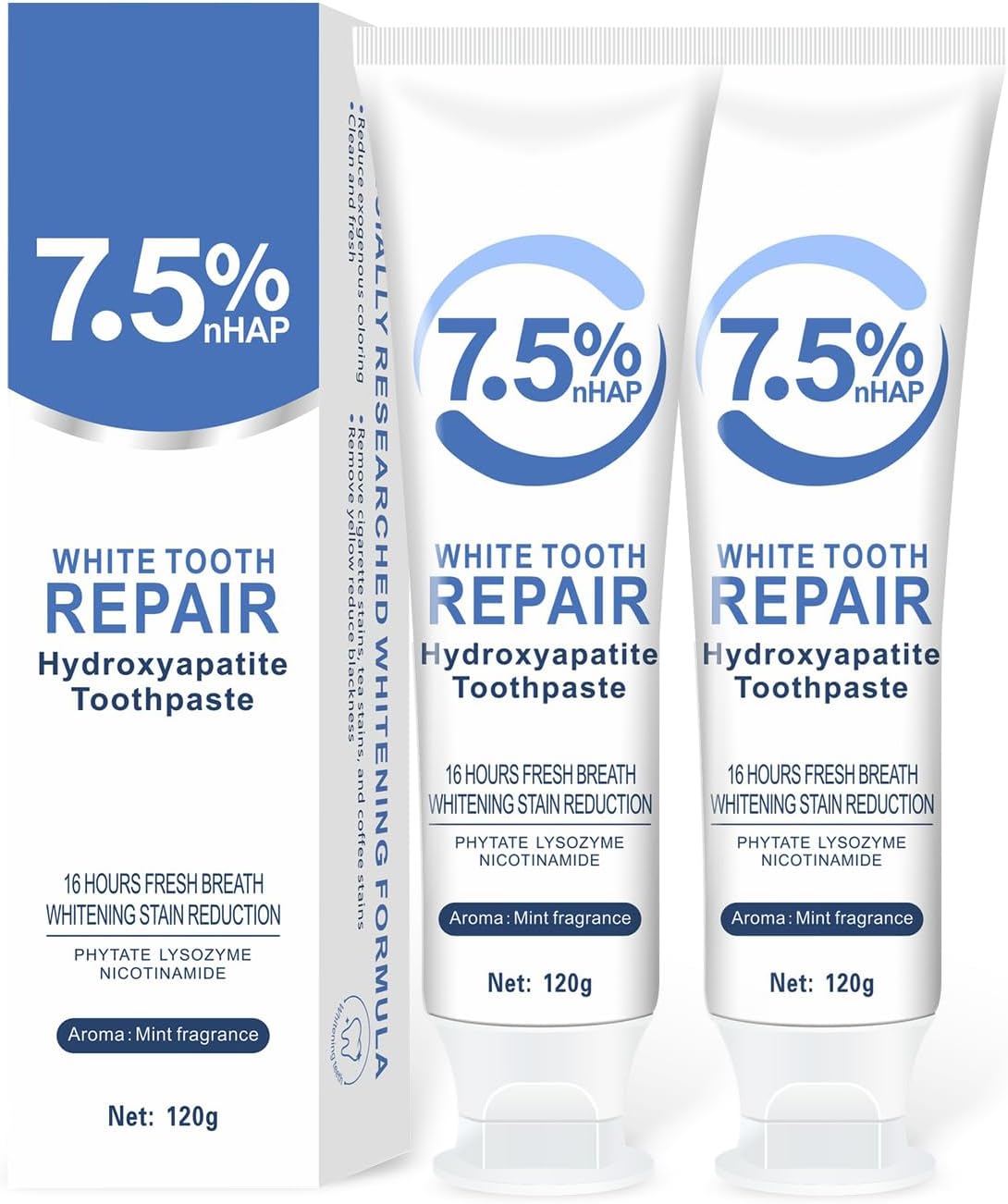 7.5% Hydroxyapatite Toothpaste, Hydroxyapatite Toothpaste 7.5 for Enamel Protection, Gentle and Effective Formula, Fresh Breath Fresh Mint Flavor, Daily Use for Oral Care (2PCS)