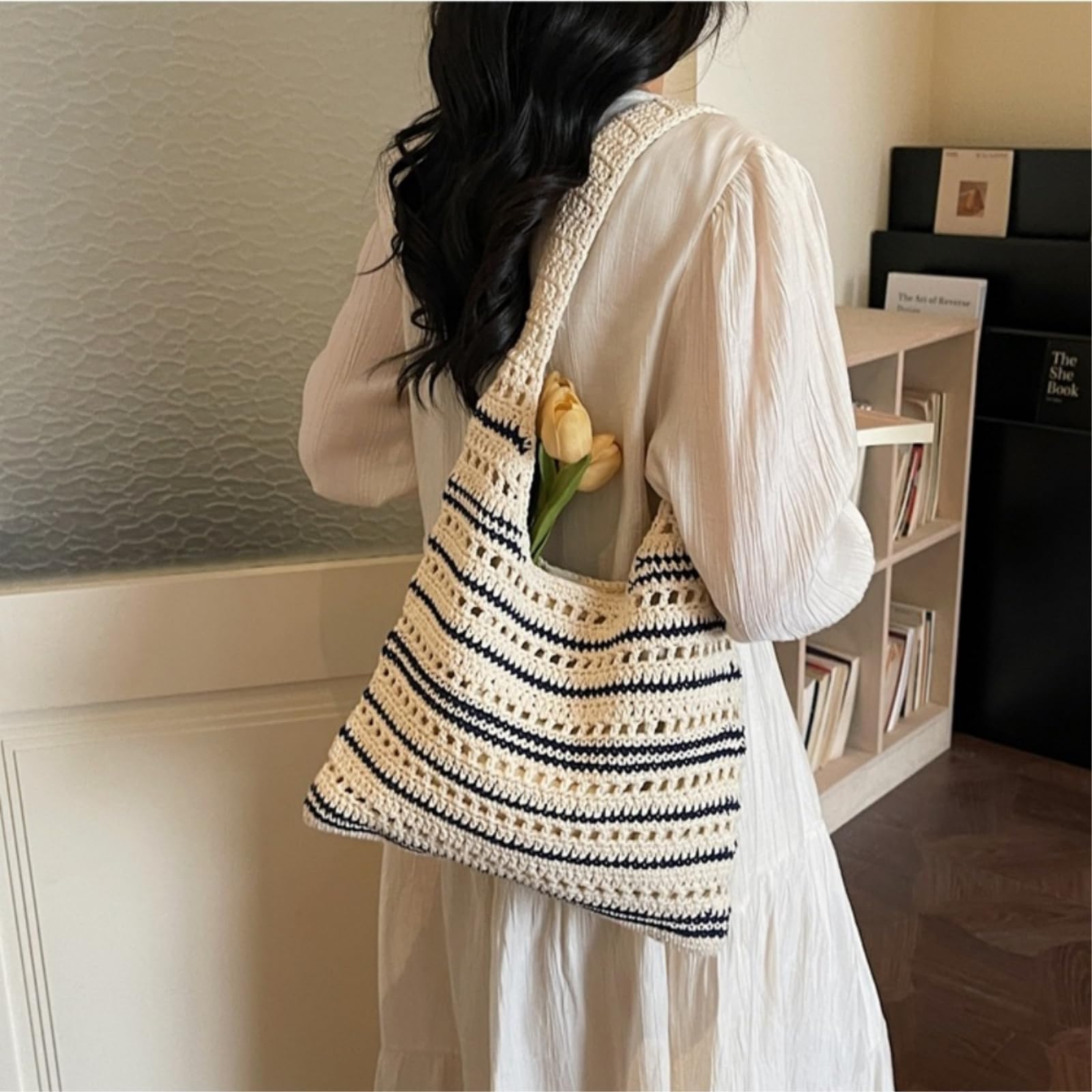 Borsa Spalla Paglia Cava all'Uncinetto, A Tracolla Tessuta Leggera di Cotone Grande capacità per Il Viaggio Giornaliero in Spiaggia-Blue