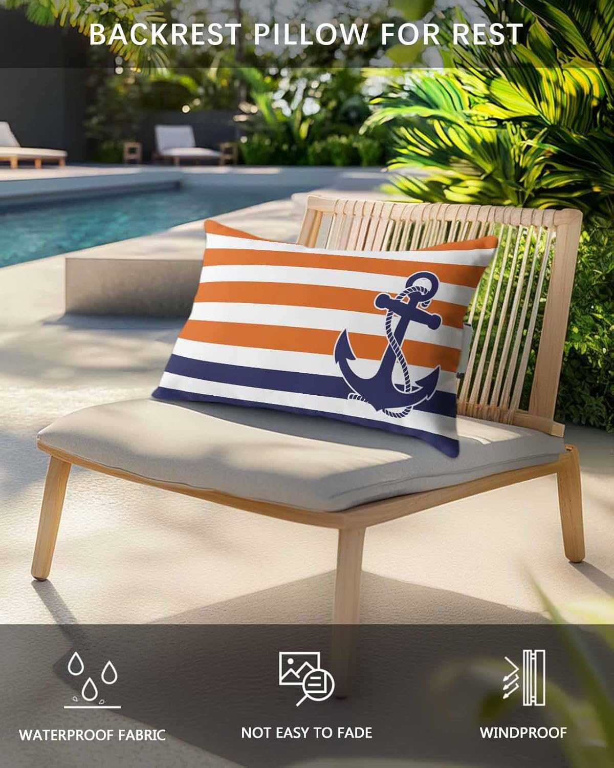 2 Packs Anchor Orange Outdoor Chaise Longue Throw Pillow Covers Waterproof with Elastic Band,Beach Pool Lumbar Decorative Pillowcase Cushion Sham Modern Navy Blue White Striped Nautical 12x20