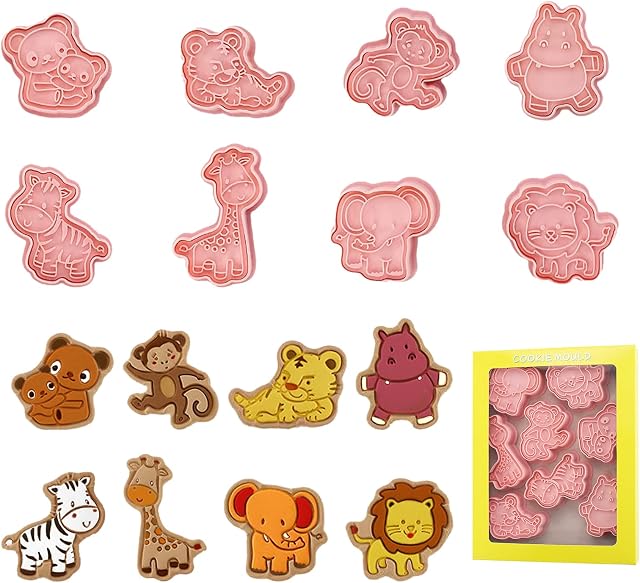 8pcs Wild Animals Cookie Cutters for Kids, Cartoon Fun Biscuit Moulds Plastic Cookie Stamp Biscuit Stamps for DIY Baking