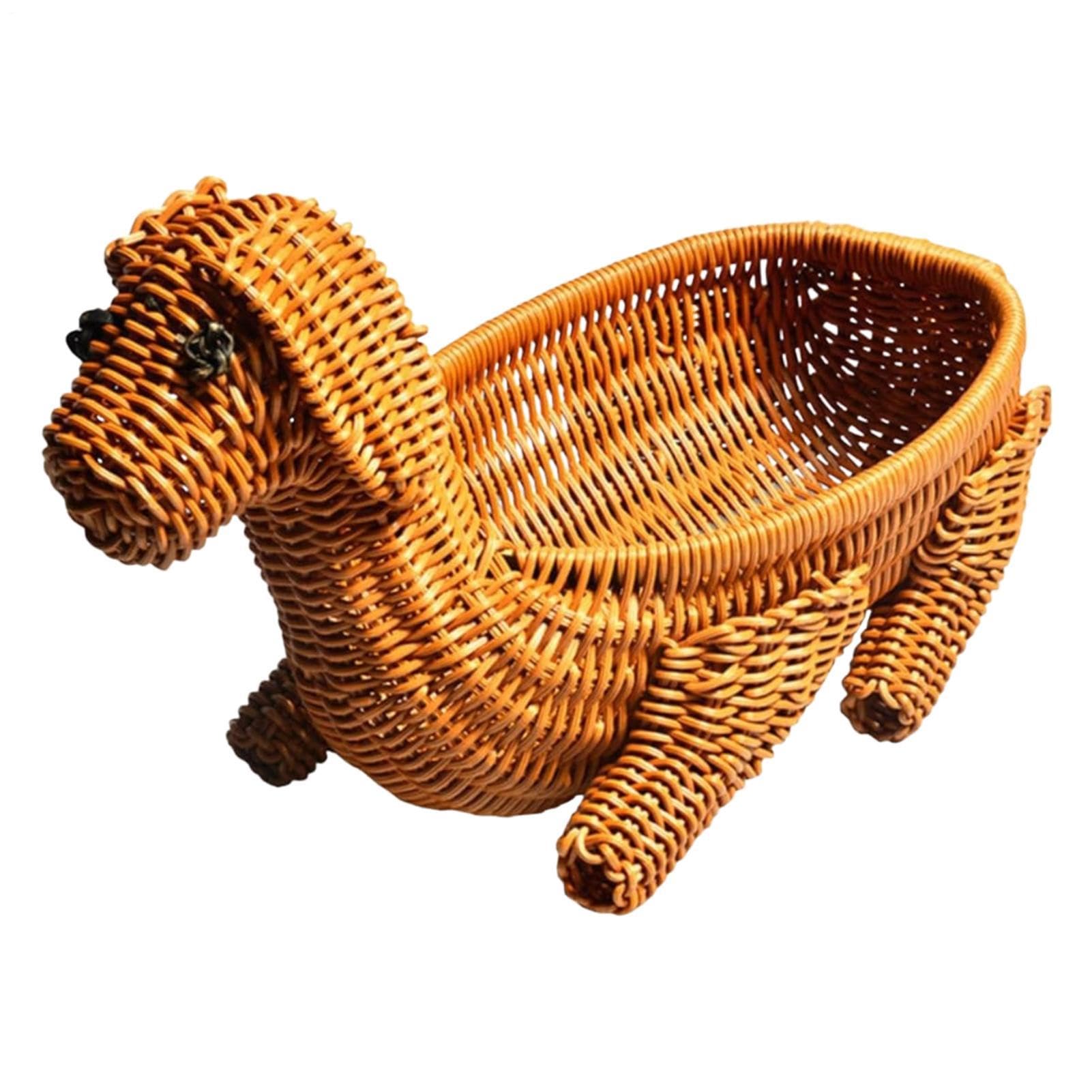 Panier tressé à la main aspect rotin avec figurine de chien chic