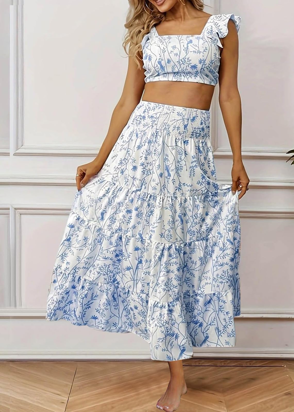 Tomwell Sexy Ensemble de 2 Pièces pour Femme Chic Elegant Crop Tops et Swing Jupe Longue à Taille Haute Femme Ensemble Tailleur
