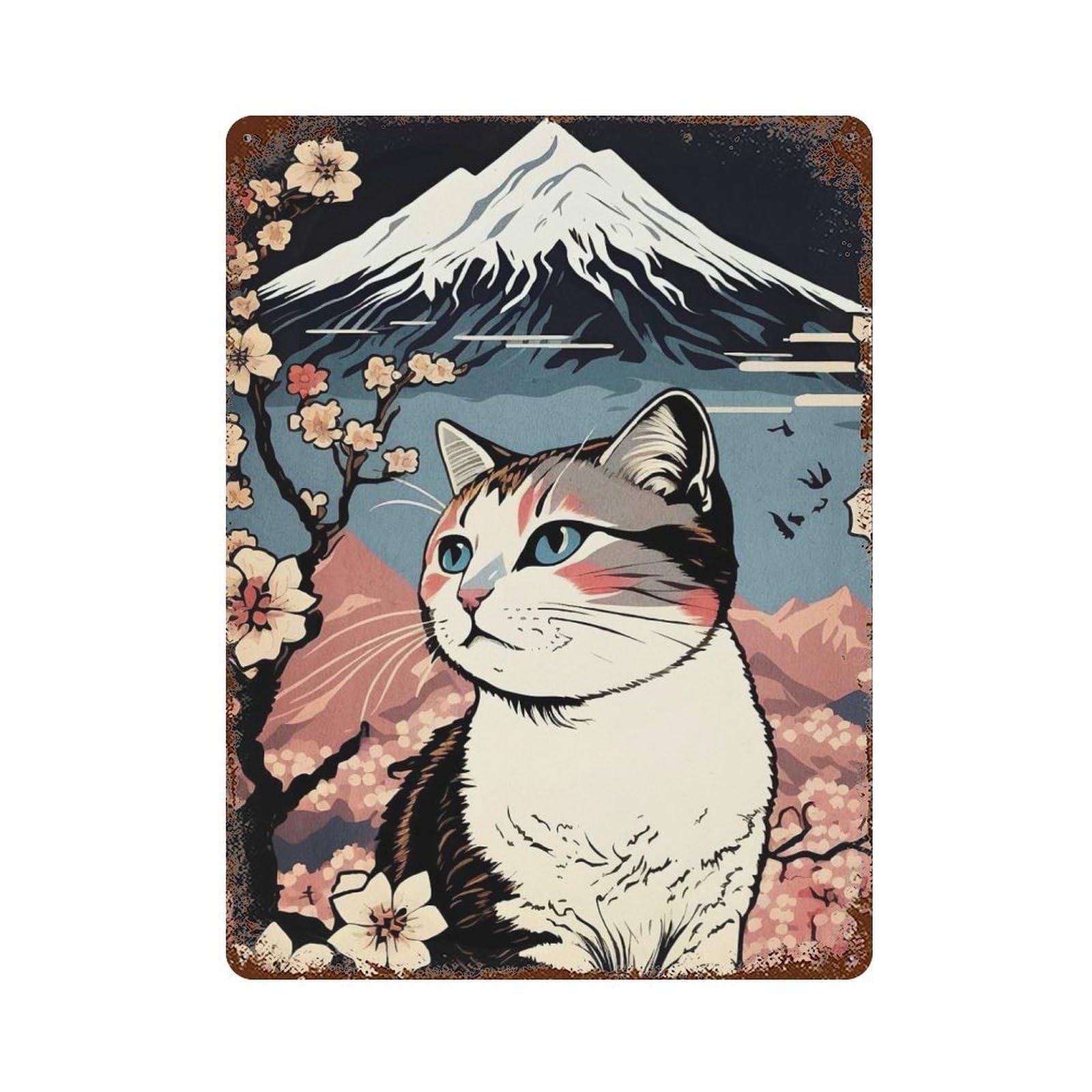 Cat Mount Fuji Cherry Blossoms Rustic Tin Plaque 15.7"x11.8", for Shed, Workshop And Garage Wall Decor, Rustic Home Decor