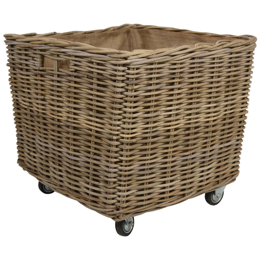 Wovenhill Brown Kubu Rattan Square Wheeled Log Basket – Handmade Wicker & Rattan Storage Box With Liner, Handles & Wheels, Kindling & Log Storage Holder For Fireplace