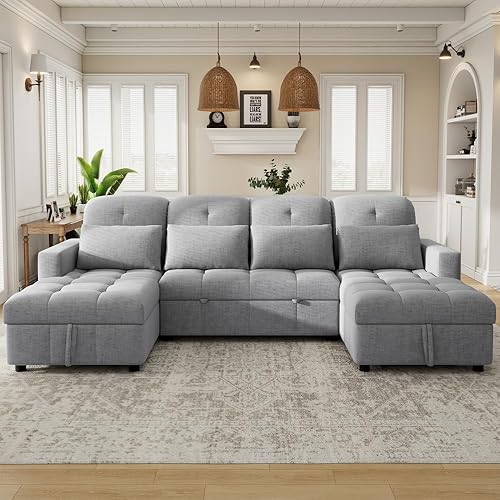 110.2" Oversized U-Shaped Sofa Versatile Sectional Sofa Pull-Out Sofa Bed with Double Storage Chaise Lounges and Two USB Ports for Living Room,Gray