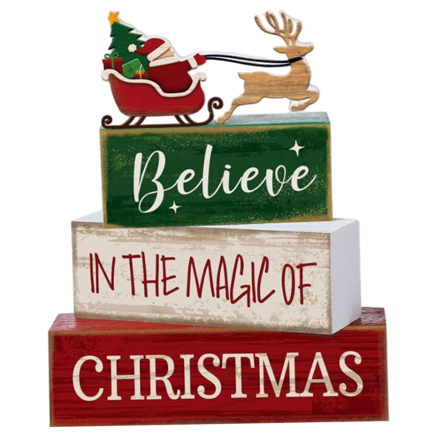 Christmas Centerpieces for Tables 4Pcs/Set Wooden Christmas Ornaments with Santa and Sled Table Sign Rustic Tiered Tray Decor for Home Farmhouse Office Table Centerpieces, Christma