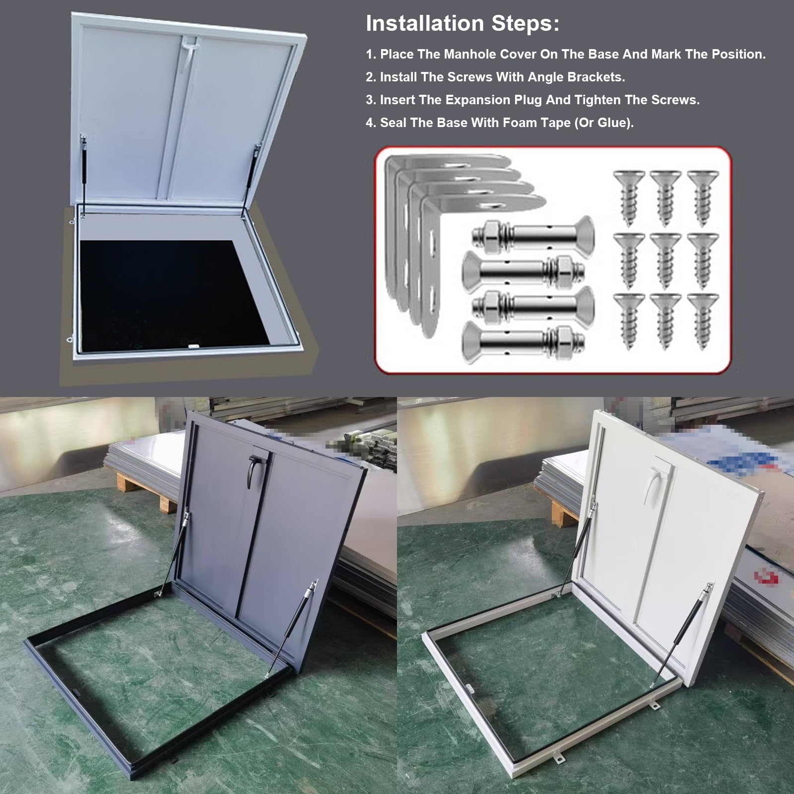 Claraboya Techo de Aluminio, Tragaluz de Techo con Manija de Bloqueo, Puerta Antirrobo de Acero, Claraboya Cubierta con Tapa de Acceso de Emergencia, Tapa de Pozo(White,60x60cm/24x24in)