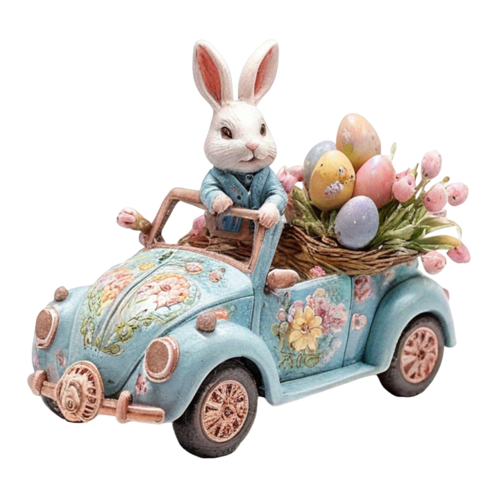 2D Easter Bunny Driving Car Figurine, Acrylic Tabletop Decoration with Floral Design, Blue Vintage Car with White Rabbit and Egg Basket, Spring Holiday Home Decor 021 (#C687)