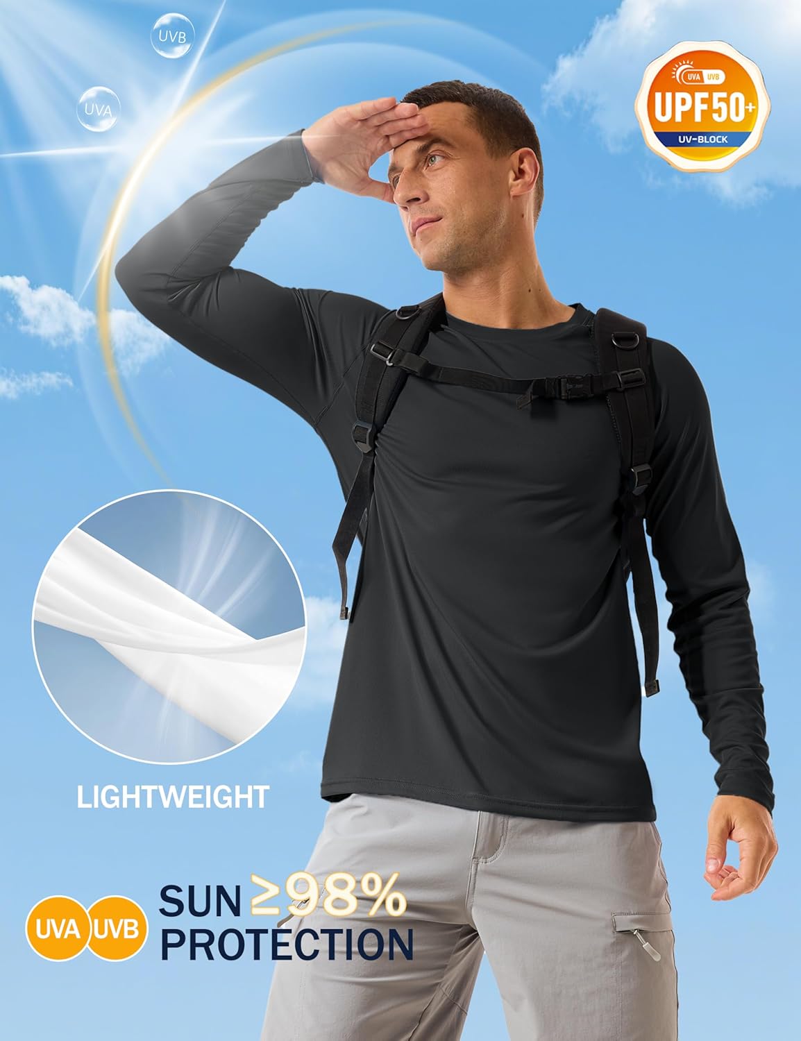 KINSWT Men's Sun Protection Shirts UPF 50+ Long Sleeve Swim Shirts UV SPF Quick Dry Lightweight Rash Guard - Image 3