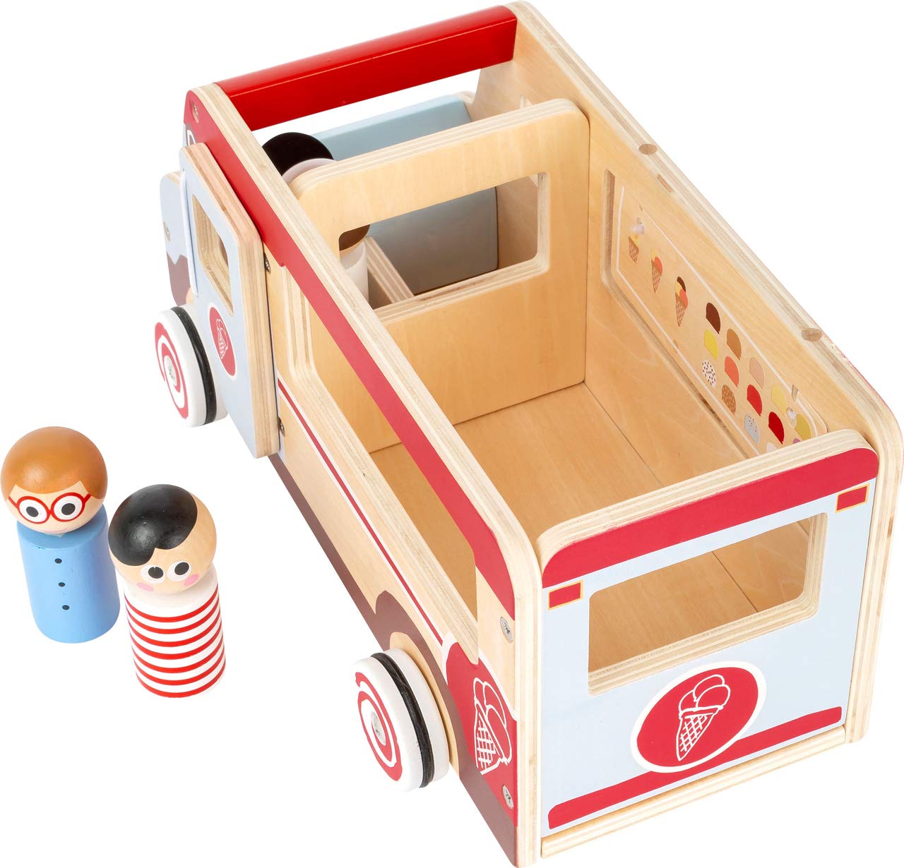 small foot 11457 Großer Eistruck aus Holz, mit Spielfiguren, Klappelementen und Rädern, im Eisdesign, ab 3 Jahren