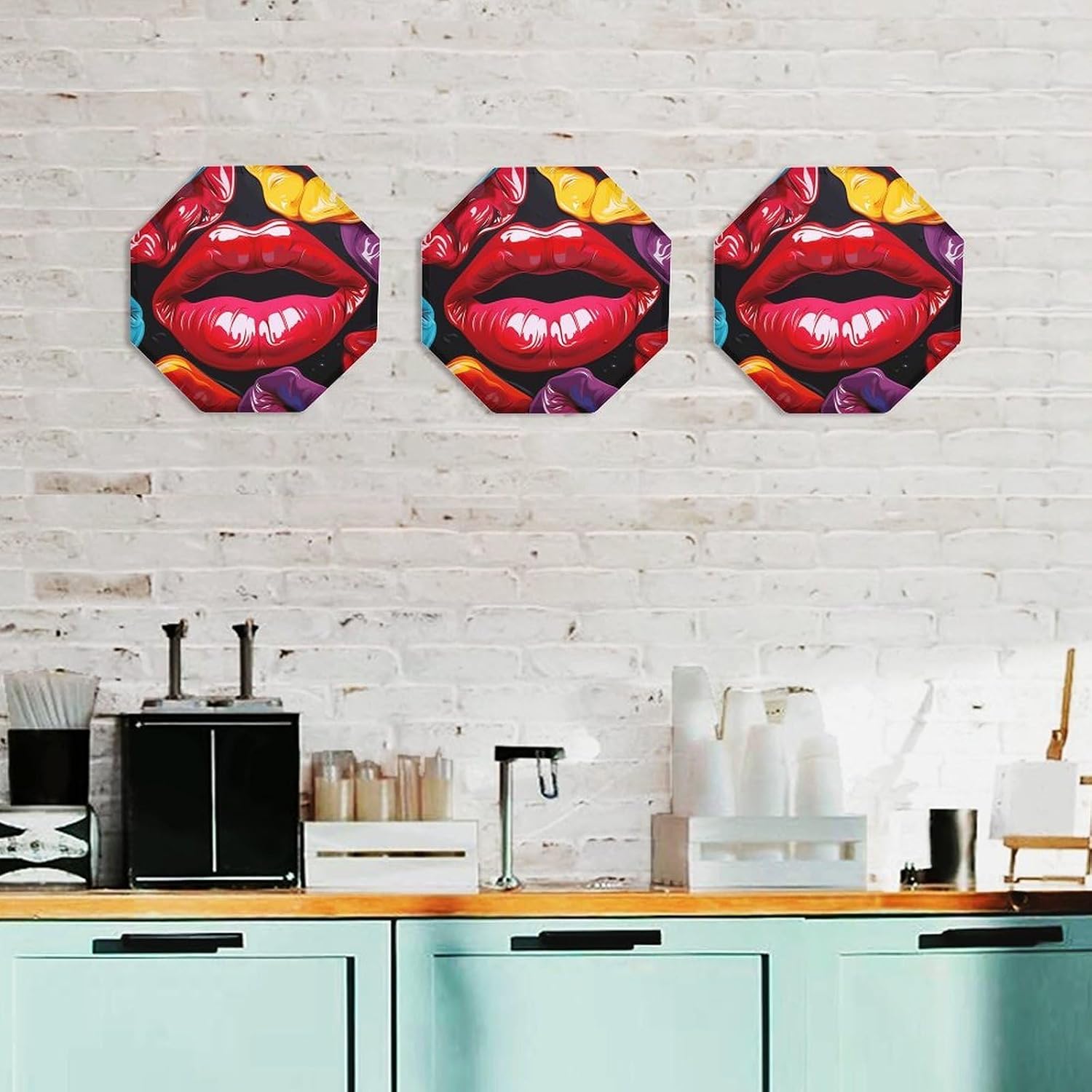 Ctagon Metal Sign for Home, Modern Display Plate for Kitchen, Colorful Lips Plates Accent Hanging Wall Decorations 3PCS for Living Room, Bedroom, Hallway, Hotel